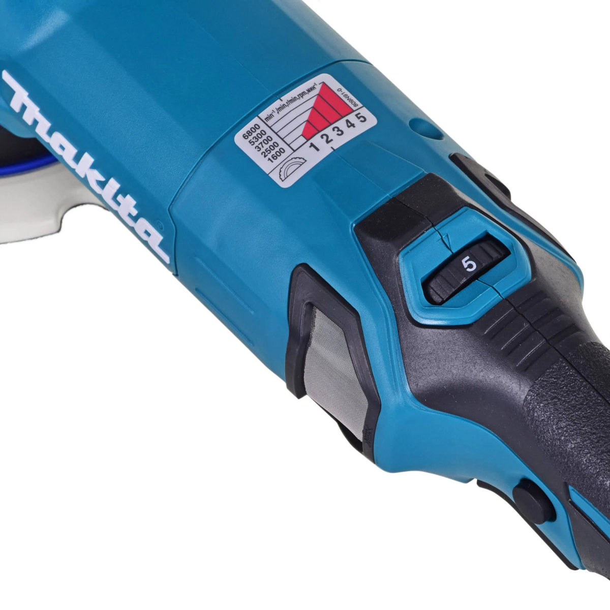 Primer plano de amoladora Makita con ajustes de velocidad, turquesa y negro, fondo blanco.