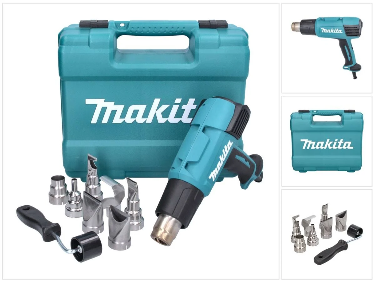 Zestaw opalarki Makita z walizką, pistoletem, wieloma dyszami i akcesorium rolkowym.