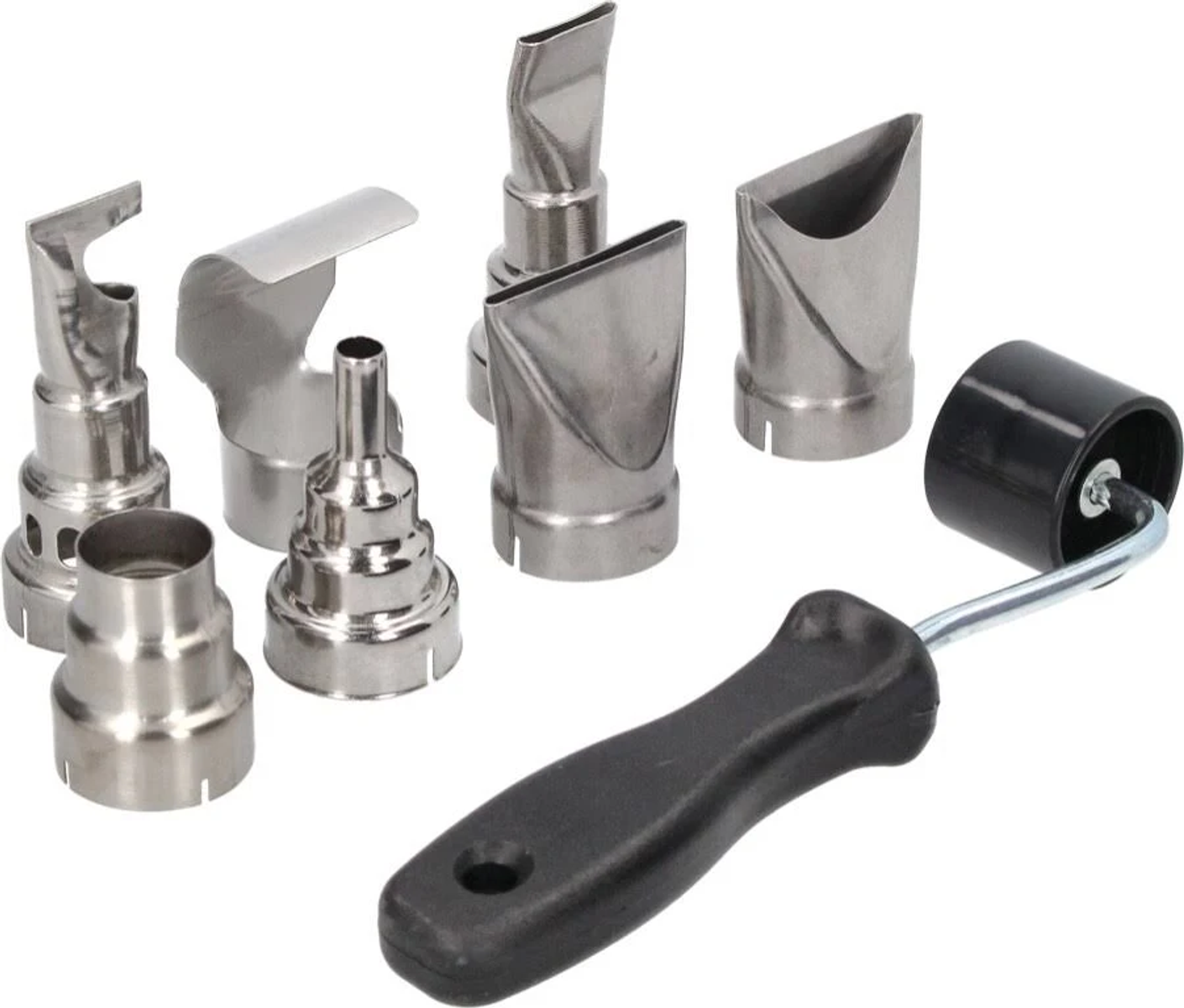 Zestaw nasadek do opalarki i wałek, wszystko na białym tle.