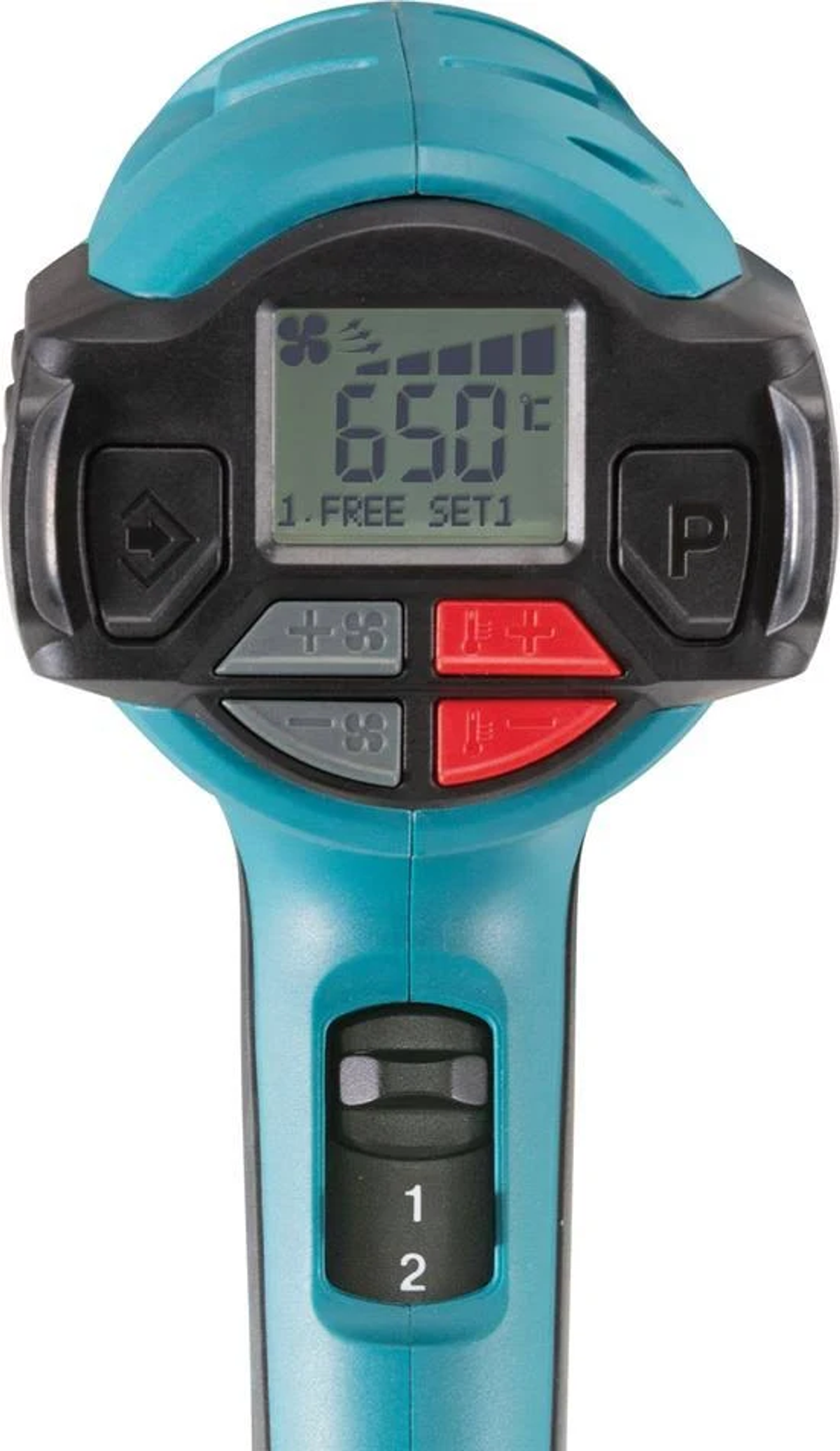 Pistolet gorącego powietrza Makita. Wyświetlacz pokazujący temperaturę 650°F. Przyciski i przełącznik na turkusowym korpusie.