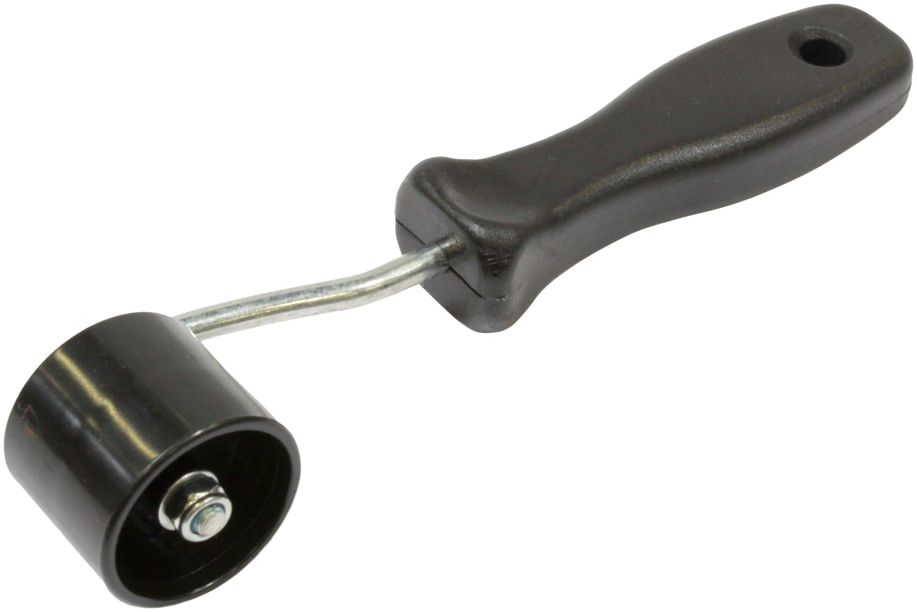 Czarny wałek malarski z czarnym uchwytem, ​​używany do wygładzania powierzchni.