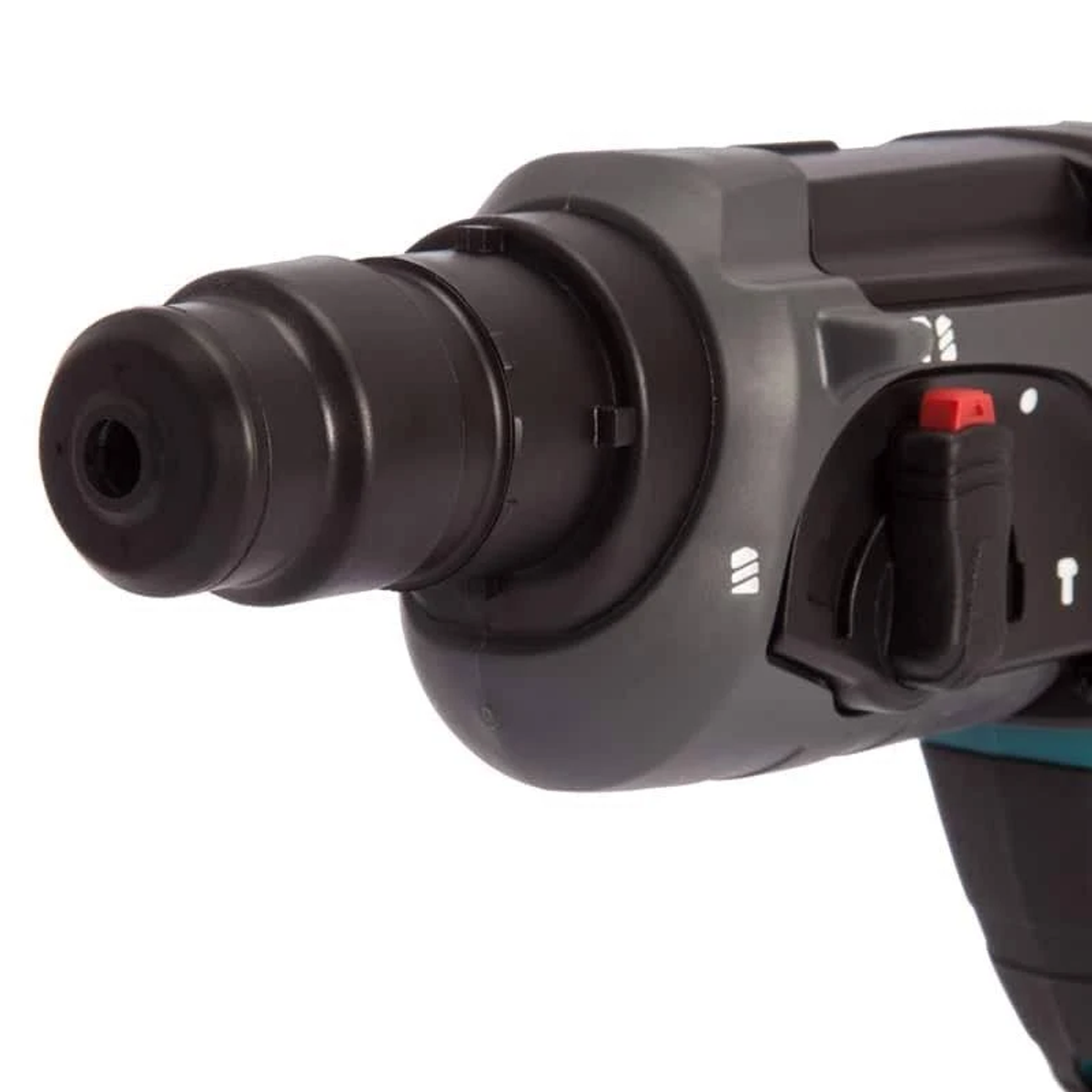 Primer plano de la parte delantera de un taladro percutor rotativo Makita negro y turquesa. La broca es visible.