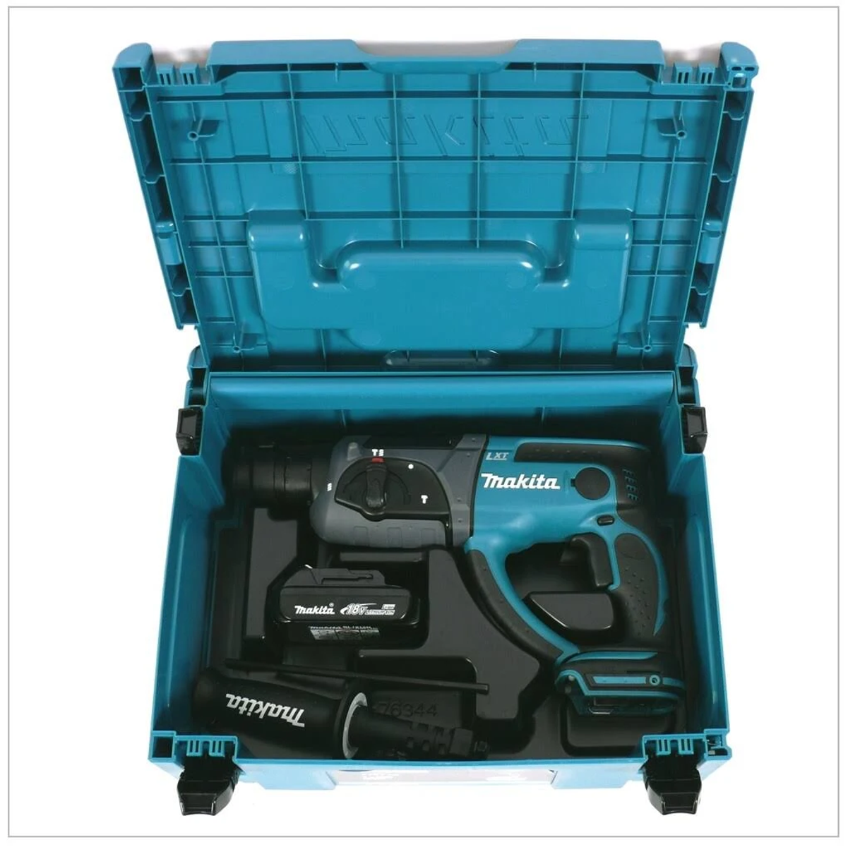 Juego de taladro Makita LXT azul en un estuche verde azulado. El estuche está abierto, fondo blanco.