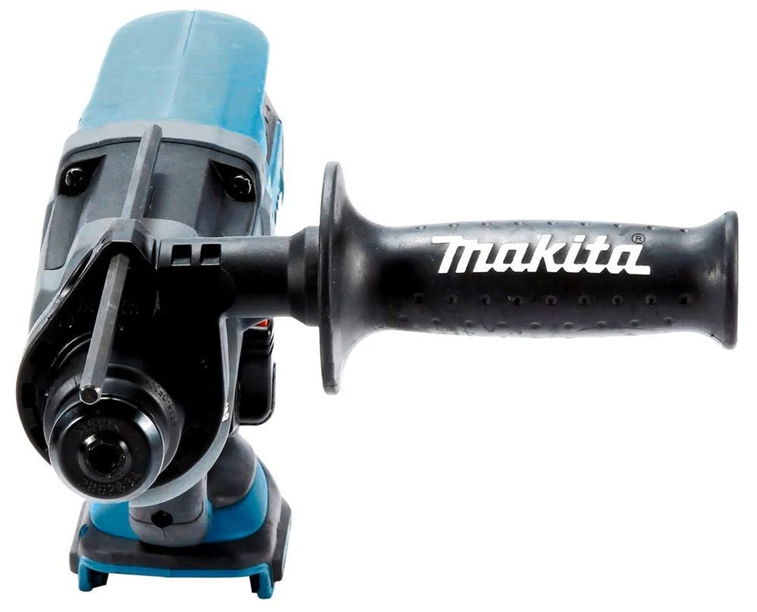 Taladro Makita azul y negro, visto desde arriba, con mango negro.