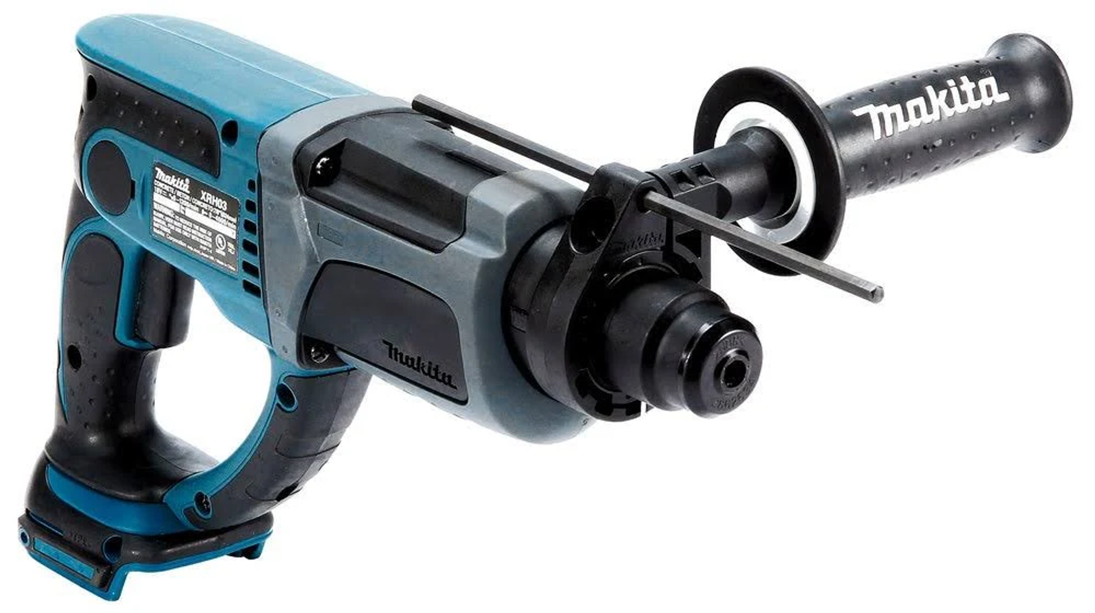 Un taladro percutor Makita azul y gris con mango negro y lateral, sobre fondo blanco.