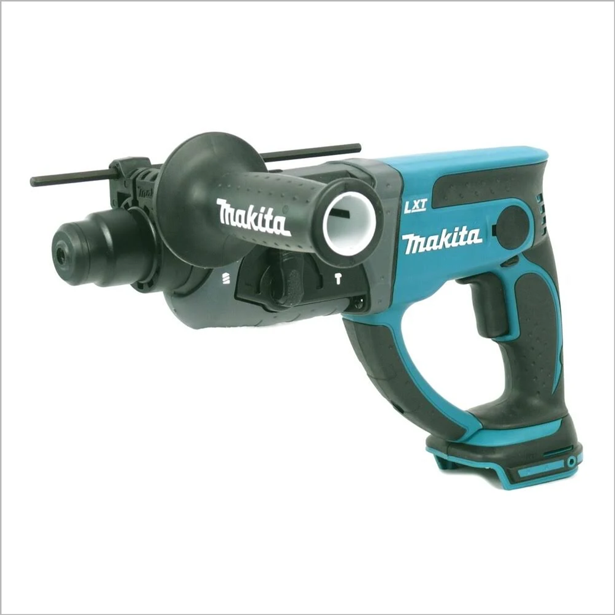 Taladro percutor rotatorio Makita azul y negro. Fondo blanco.
