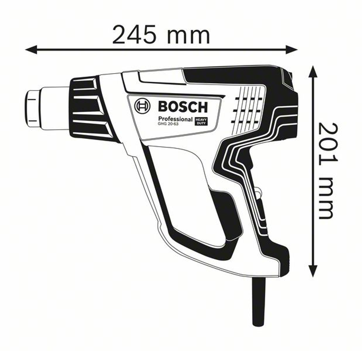 Pistolet grzewczy Bosch z wymiarami: 245 mm x 201 mm, na białym tle.