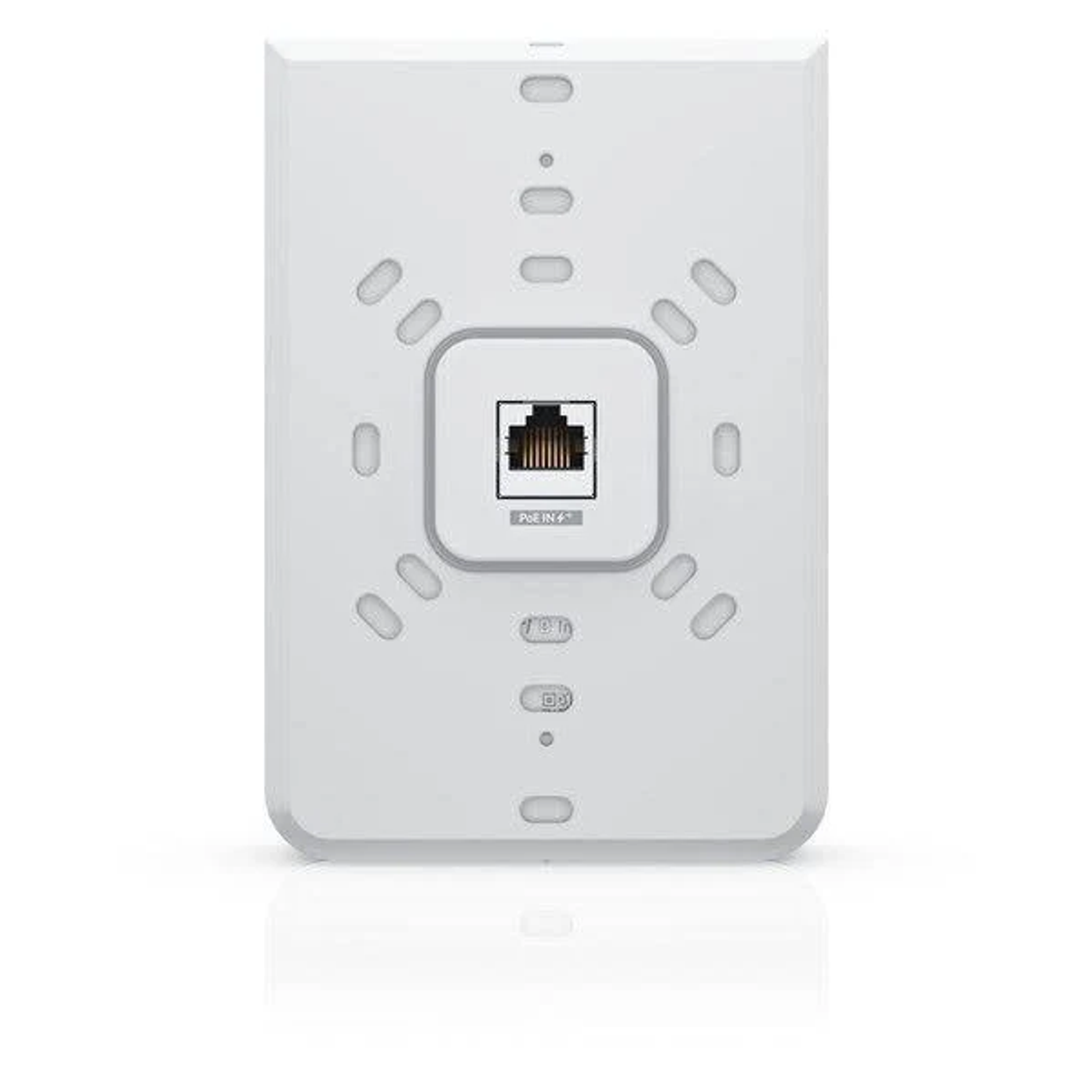 Białe urządzenie sieciowe z portem PoE IN 4, kilka małych otworów. Białe tło.