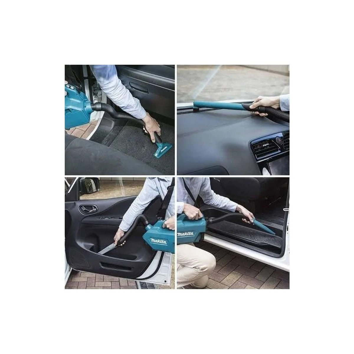 Quattro immagini di una persona che utilizza un aspirapolvere Makita turchese per pulire l'interno di un'auto.