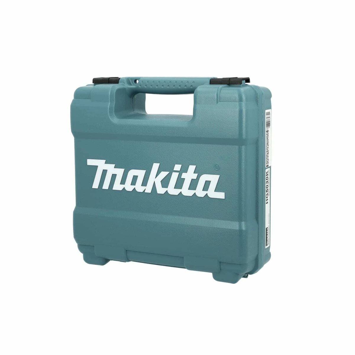 Turkusowa walizka na narzędzia Makita z białym logo, czarne uchwyty na białym tle.