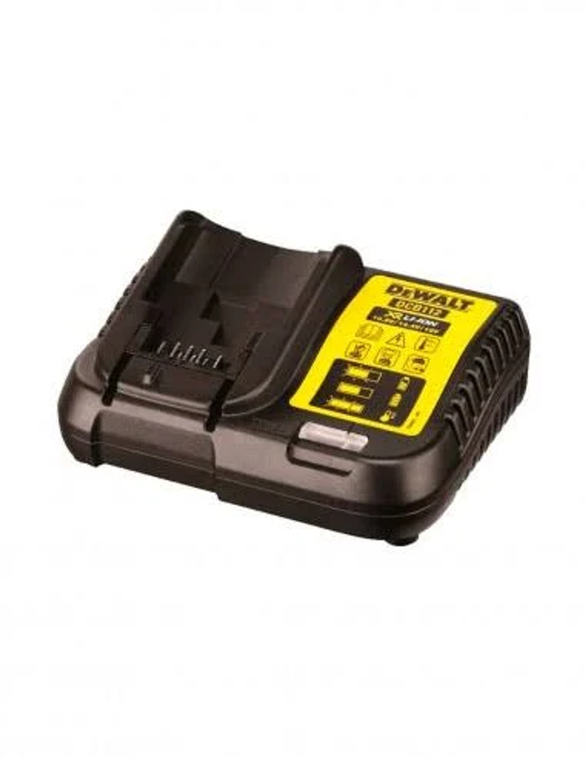 Cargador de batería DeWalt negro y amarillo. El cargador tiene dos ranuras de carga.