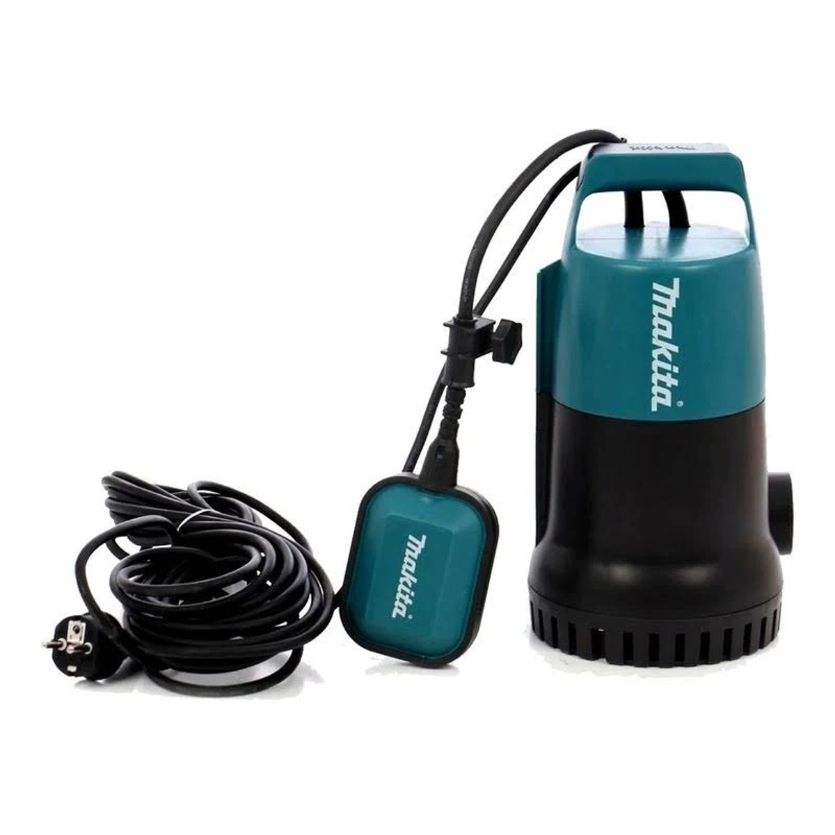 Bomba sumergible Makita, turquesa y negra, con cable y flotador negros.