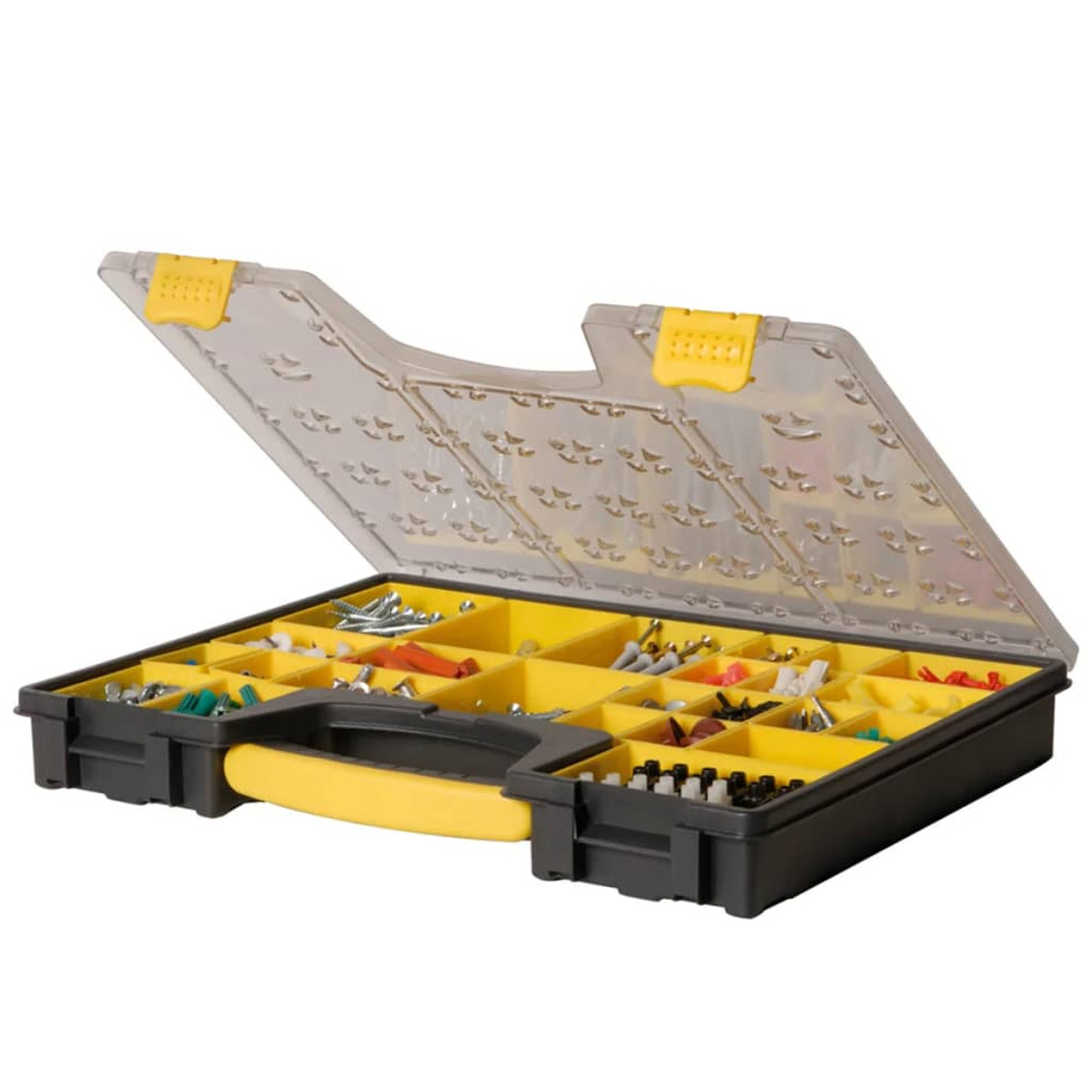 Una caja de herramientas con compartimentos llenos de tornillos, pernos y otros elementos de ferretería.