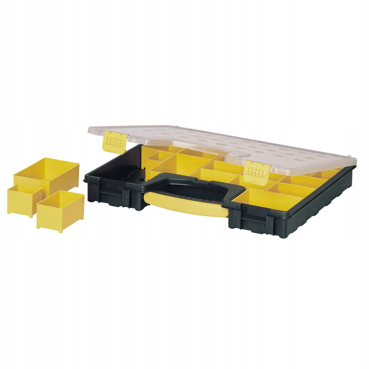 Organizador de herramientas negro y amarillo abierto con compartimentos amarillos y asa amarilla. Fondo blanco.