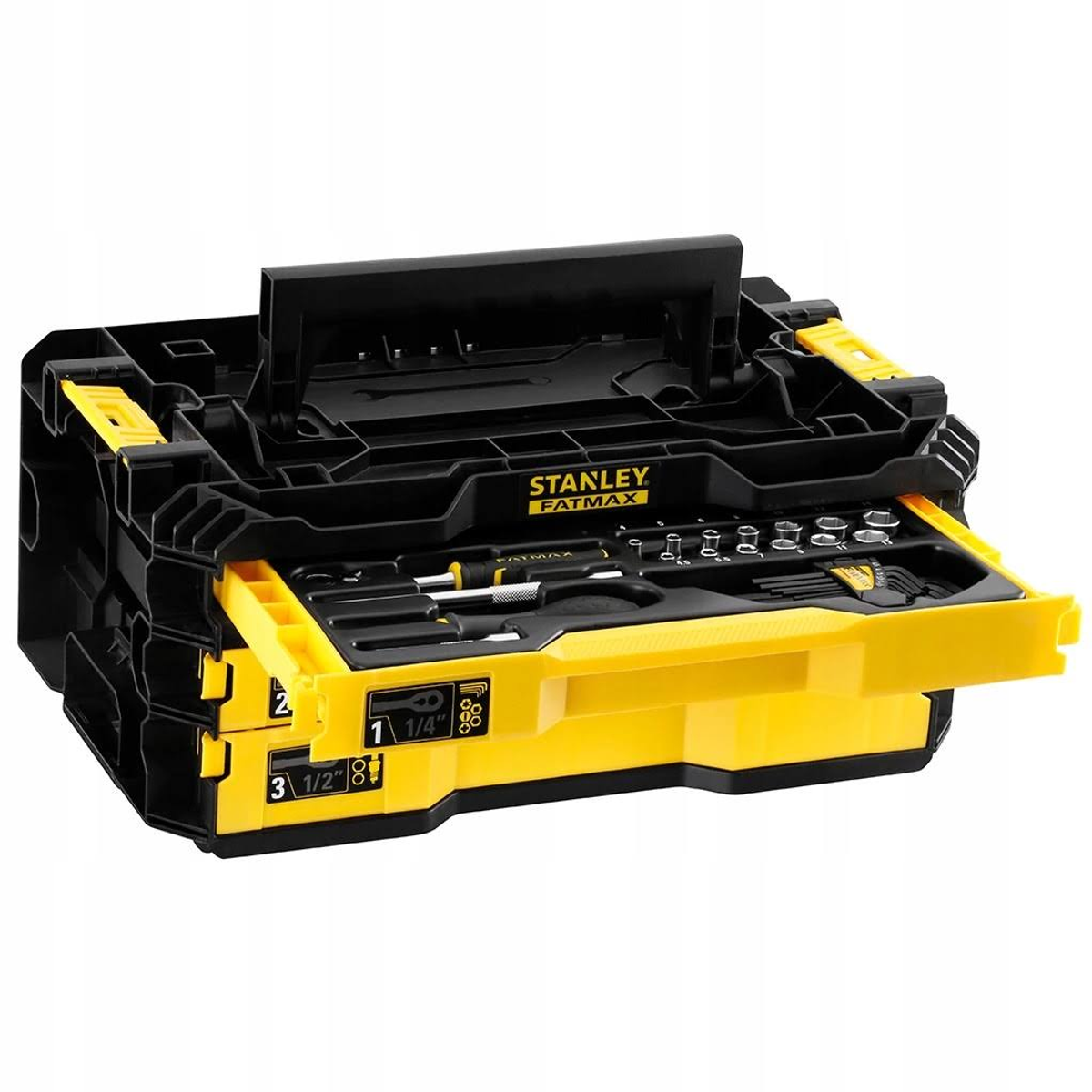 Cassetta porta attrezzi Stanley FatMax aperta con attrezzi all'interno, organizzati. Giallo e nero.