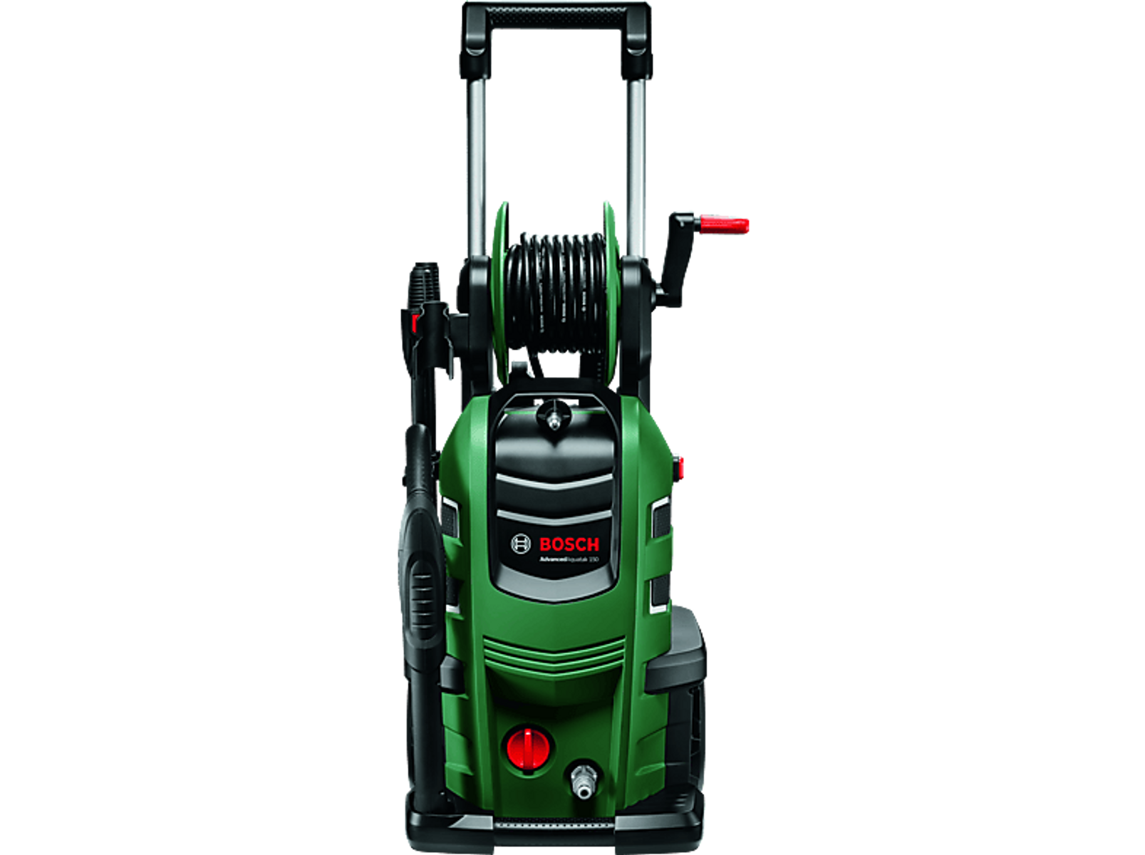 Yeşil ve siyah Bosch basınçlı yıkama makinesi. Siyah arka plan.