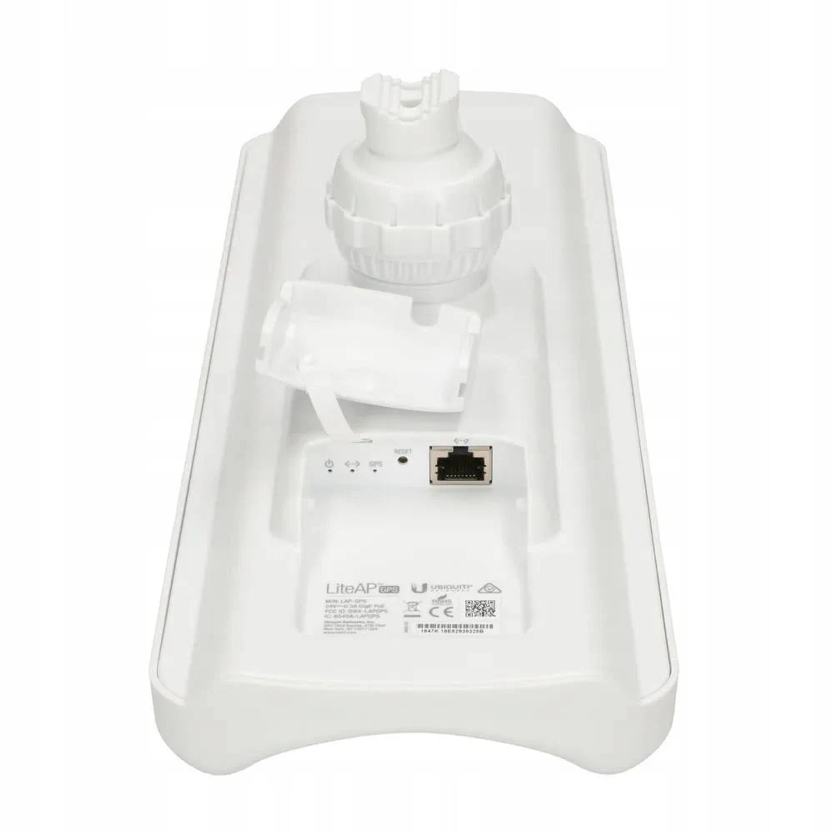 Un Ubiquiti LiteAP blanco, un dispositivo de punto de acceso inalámbrico, sobre un fondo blanco.