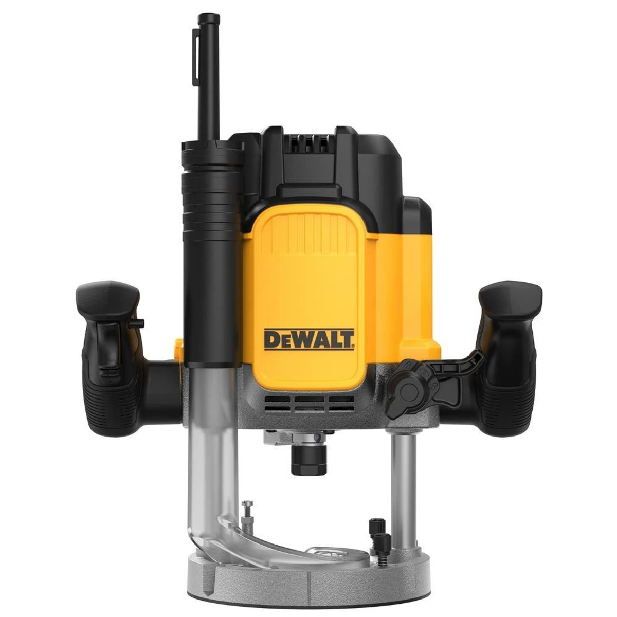 Un utensile fresatrice Dewalt giallo e nero, con manici e base, isolato su bianco.