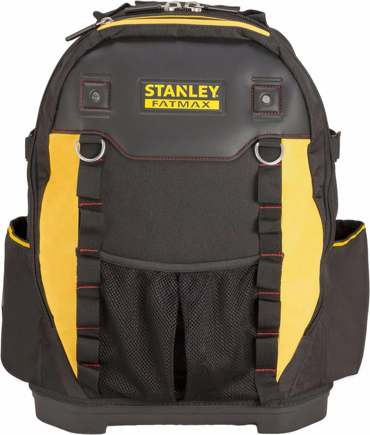 Uno zaino Stanley Fatmax nero e giallo con tasche multiple e dettagli rossi.
