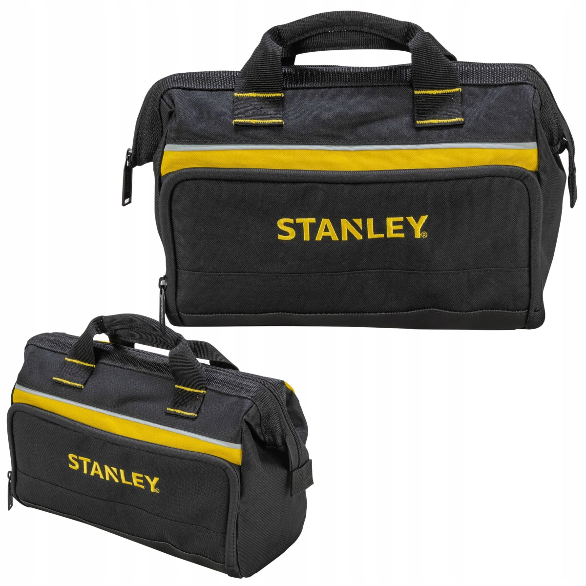 Dos bolsas de herramientas Stanley negras con detalles y logotipos amarillos. Fondo blanco.