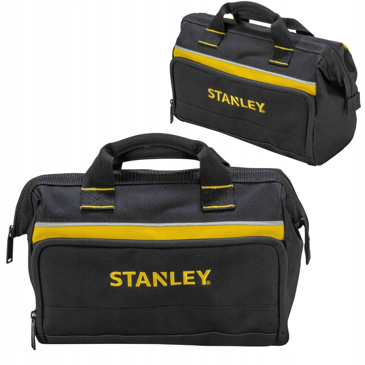 Dos bolsas de herramientas Stanley negras con rayas y logotipos amarillos.