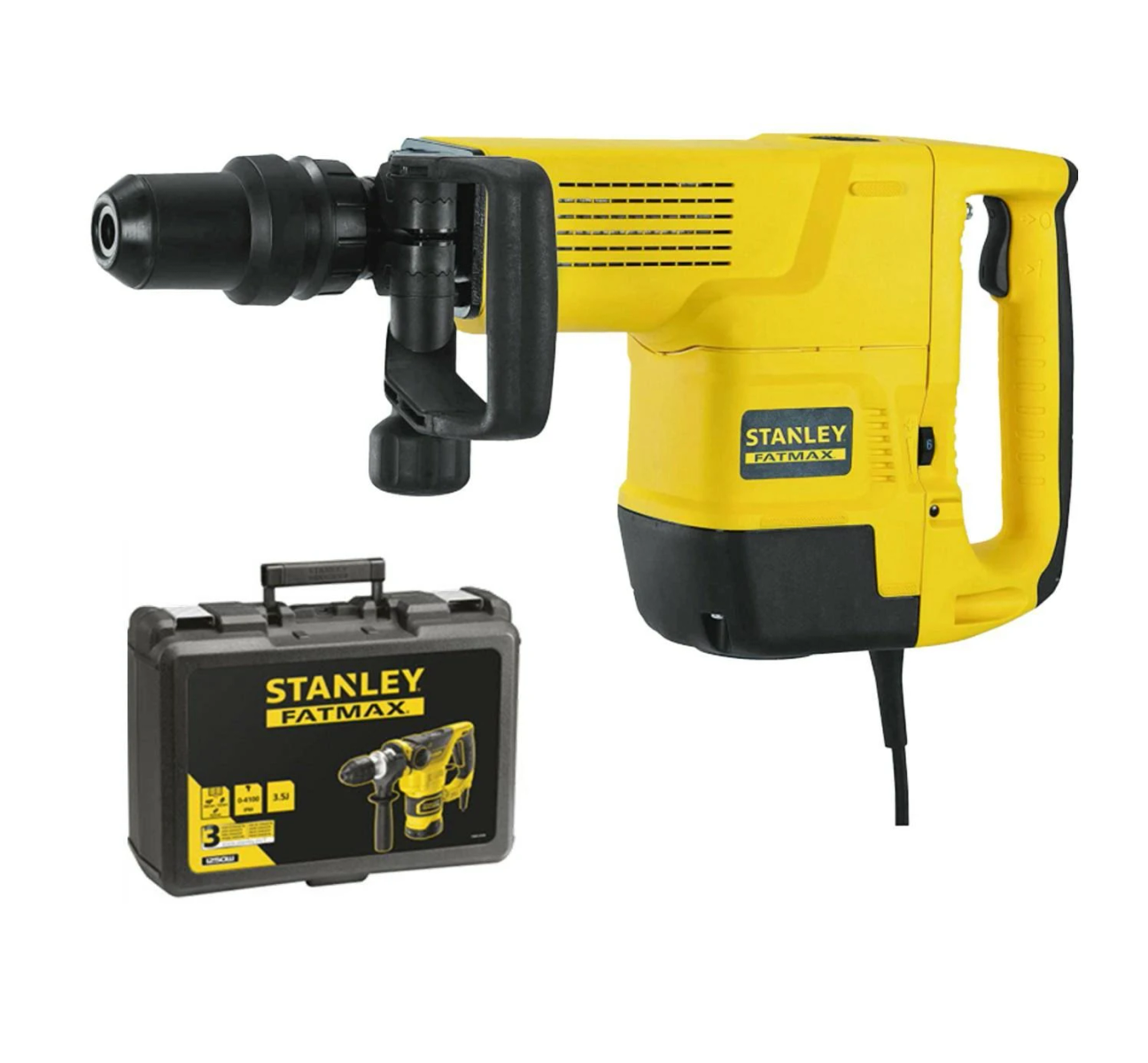 Un martello perforatore Stanley Fatmax giallo con custodia nera su bianco.