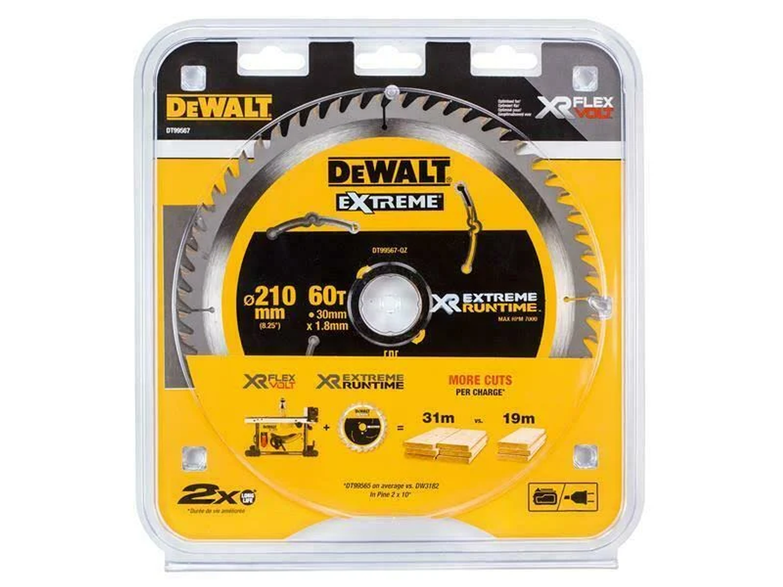 Hoja de sierra circular DeWalt en un paquete. Embalaje amarillo y negro, hoja plateada.