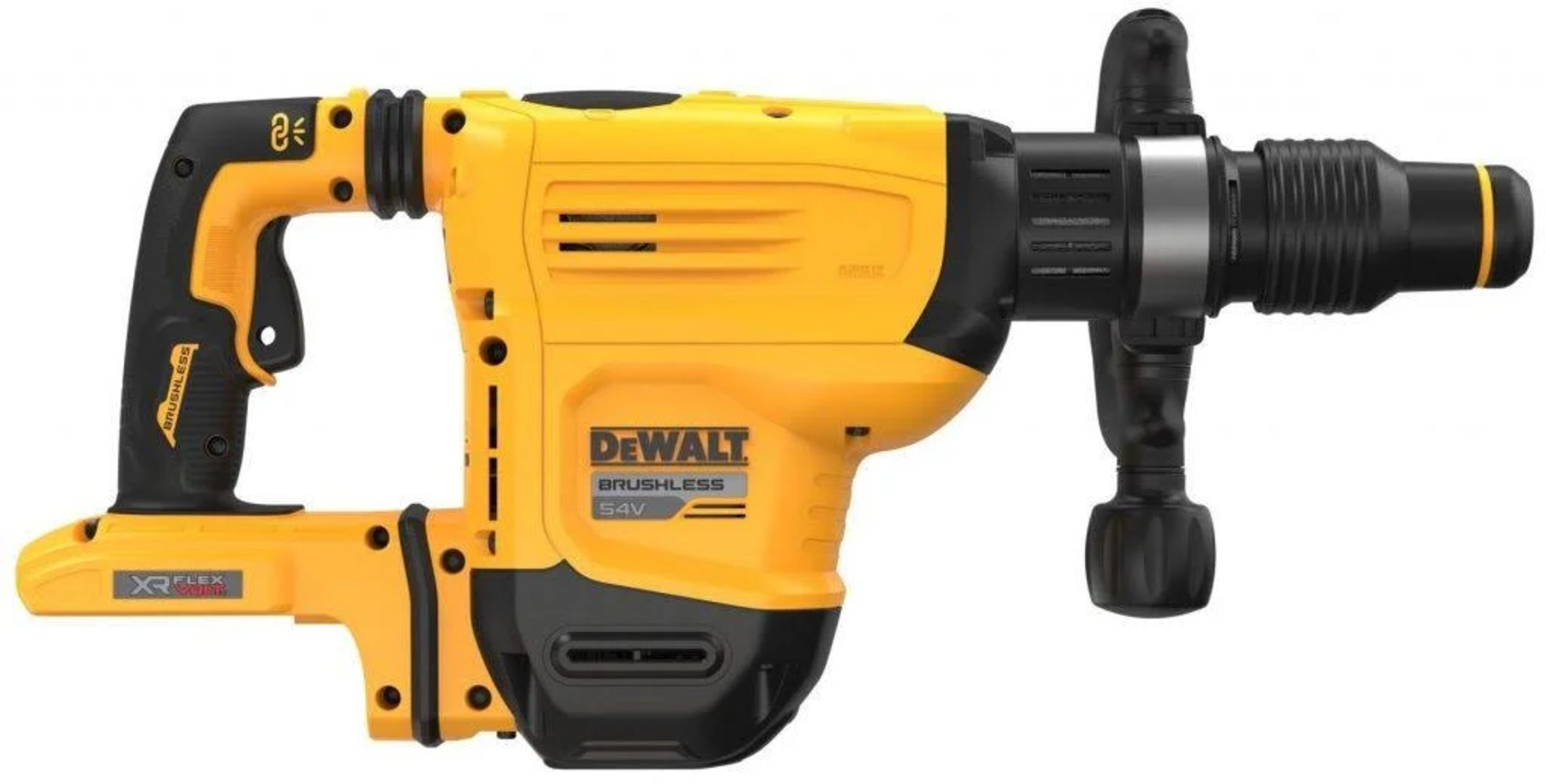 Martillo rotatorio Dewalt 54V amarillo y negro. La herramienta tiene empuñadura y mango negros.