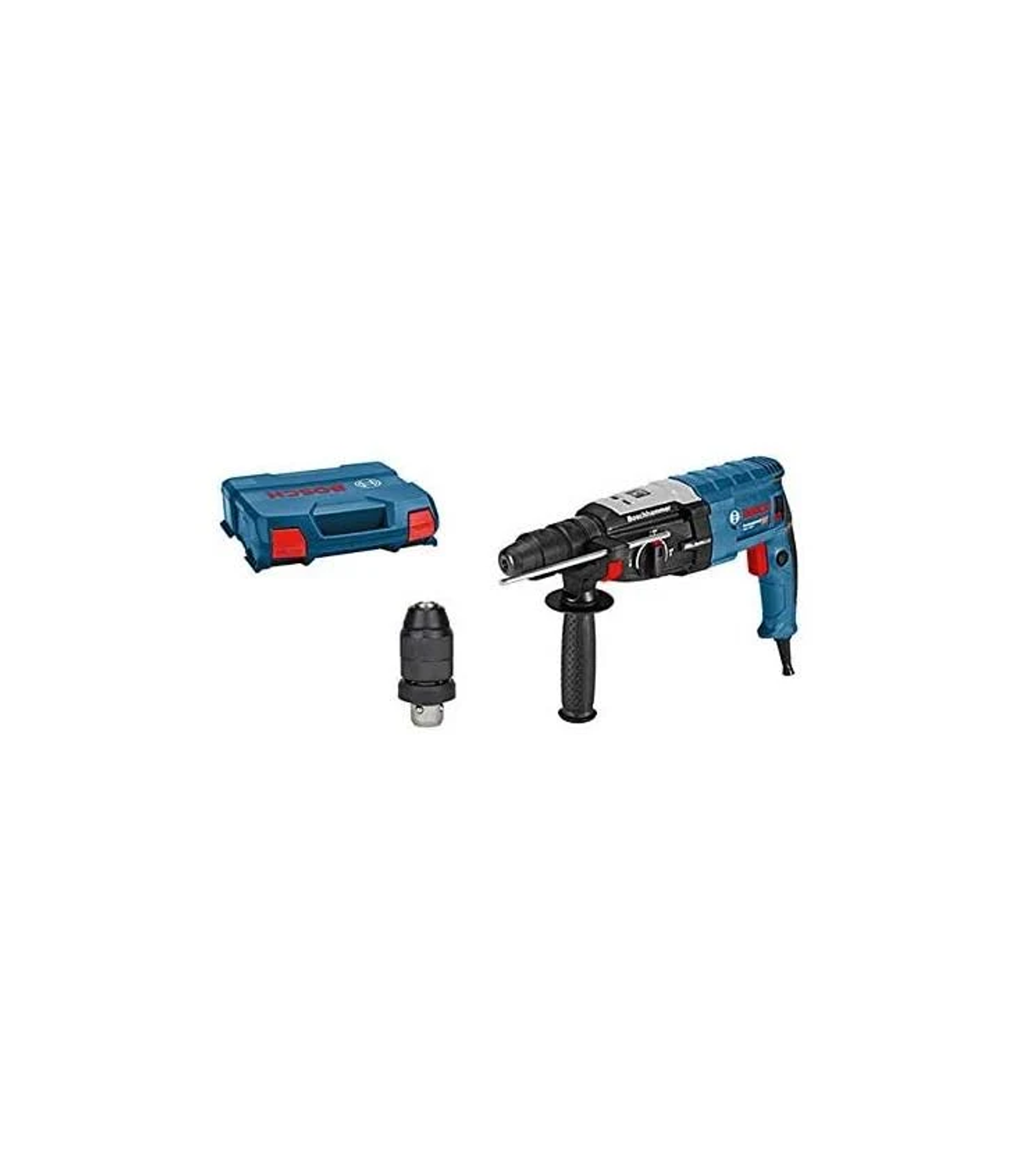 Trapano a percussione Bosch blu e nero con accessori, sfondo bianco.