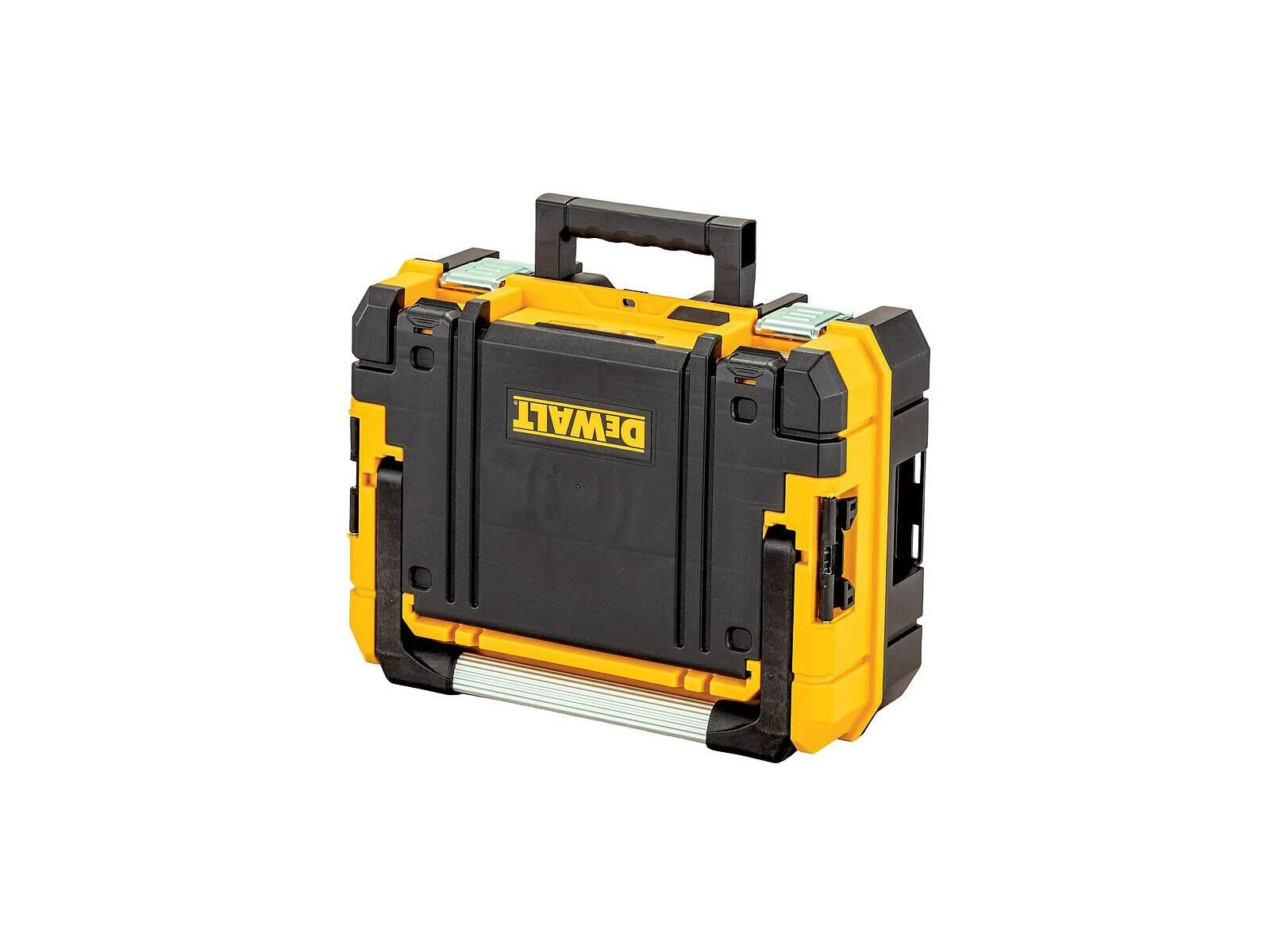 Maletín de herramientas Dewalt amarillo y negro con asa, sobre fondo blanco.