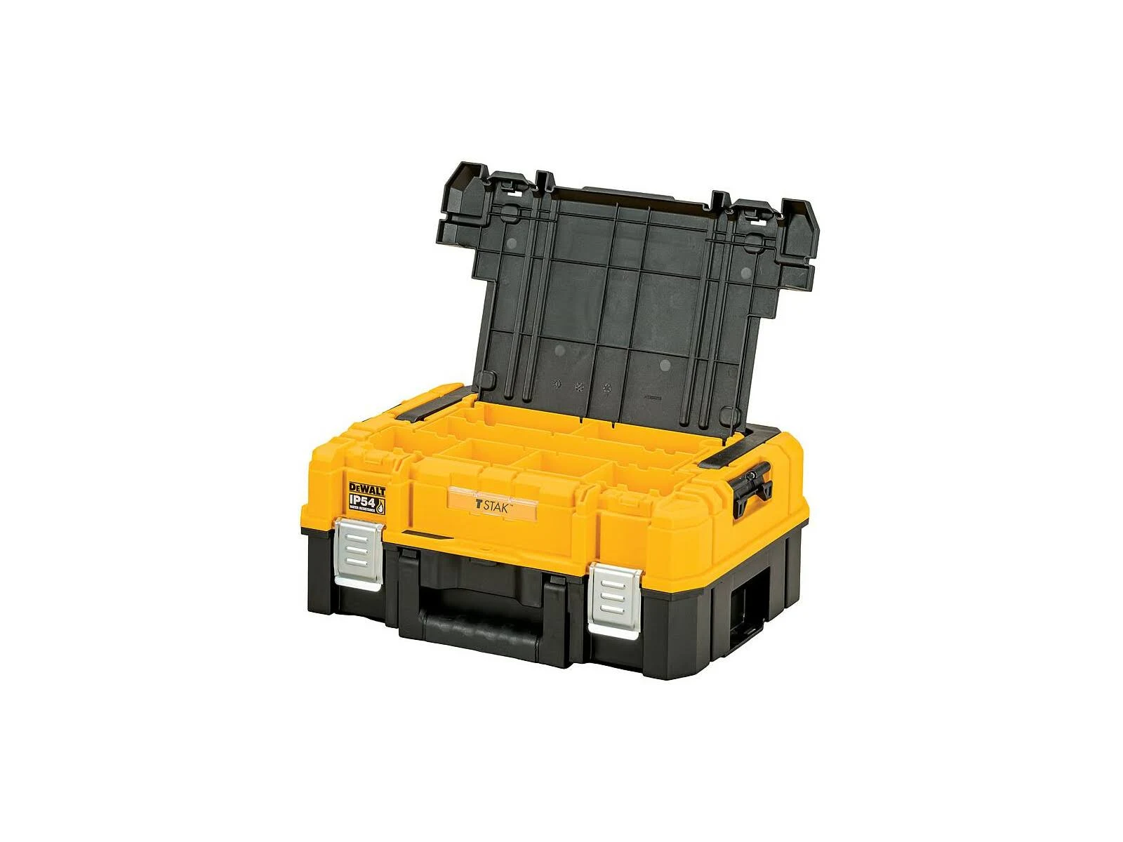 Caja de herramientas DeWalt TSTAK amarilla y negra con tapa abierta, compartimentos visibles.