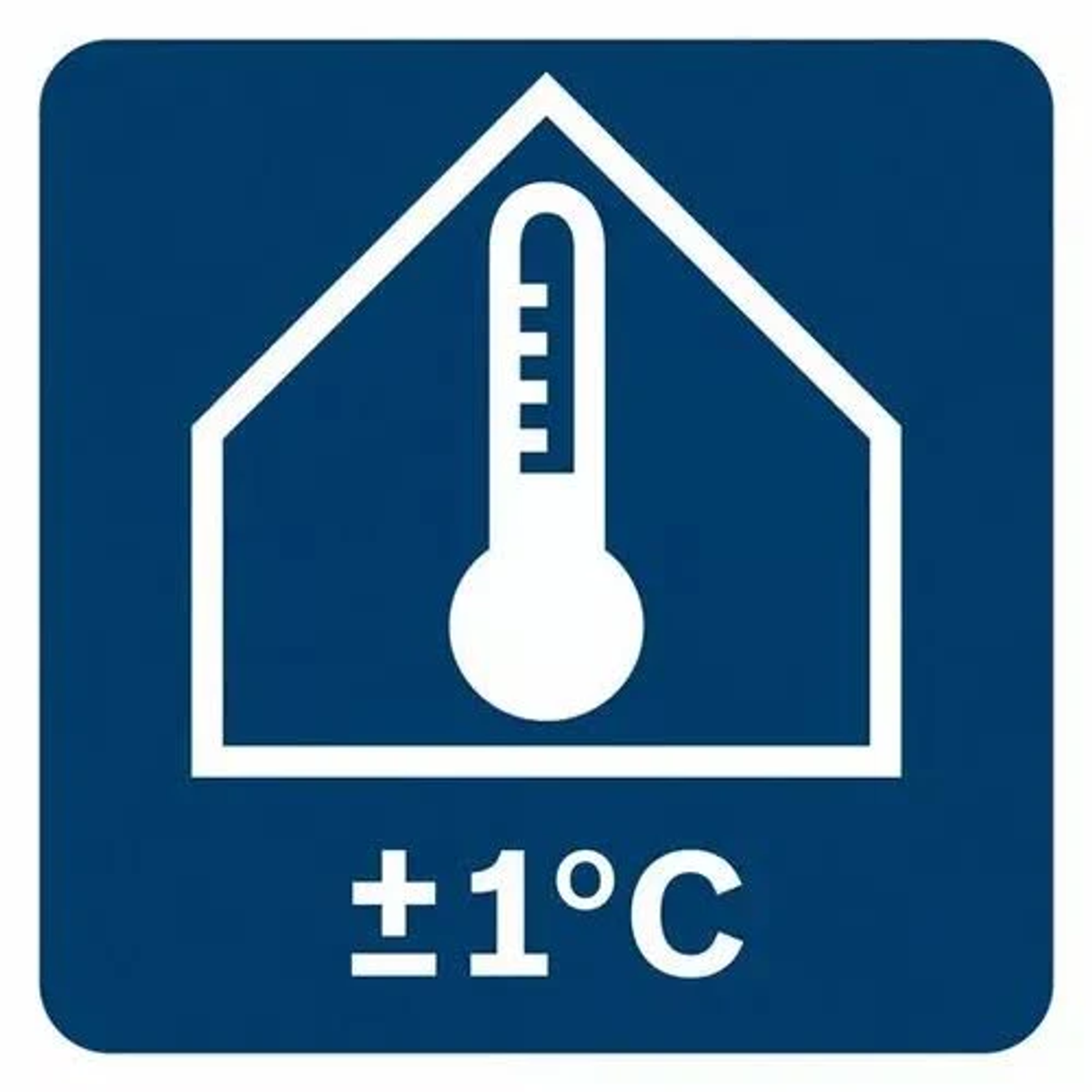 Quadrato blu con contorno casa e termometro, testo: +/-1°C.