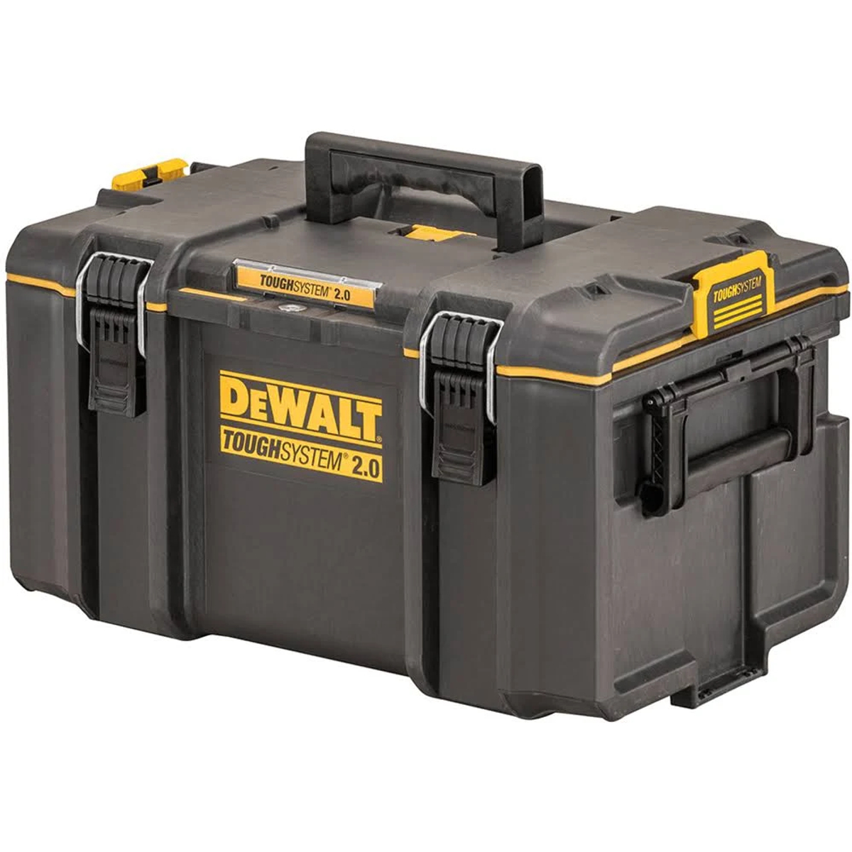 Una caja de herramientas DeWalt ToughSystem 2.0 negra con detalles amarillos. Está cerrada.