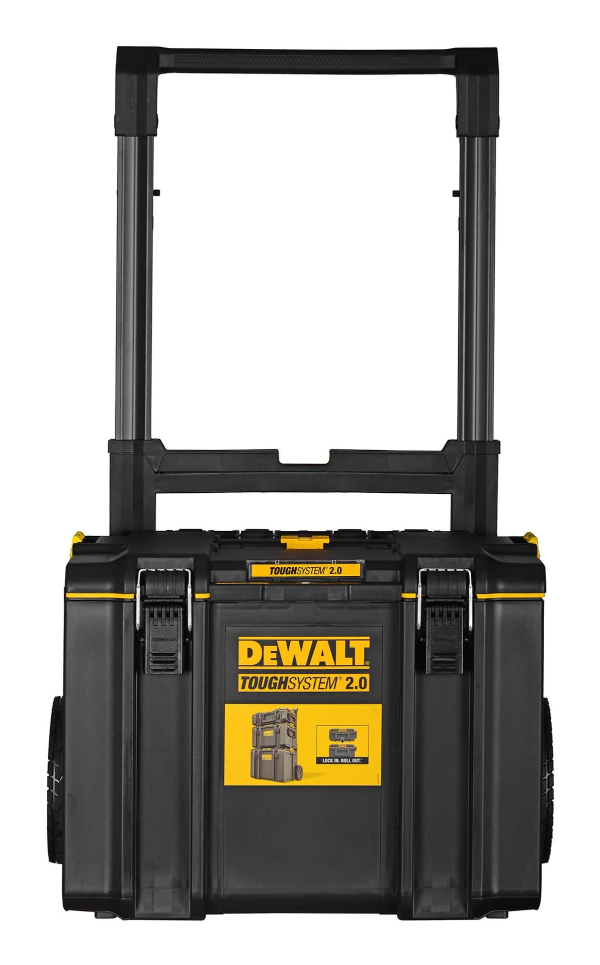 Schwarze und gelbe DeWalt ToughSystem 2.0 Werkzeugkiste mit Griff und Rädern, isoliert auf Weiß.
