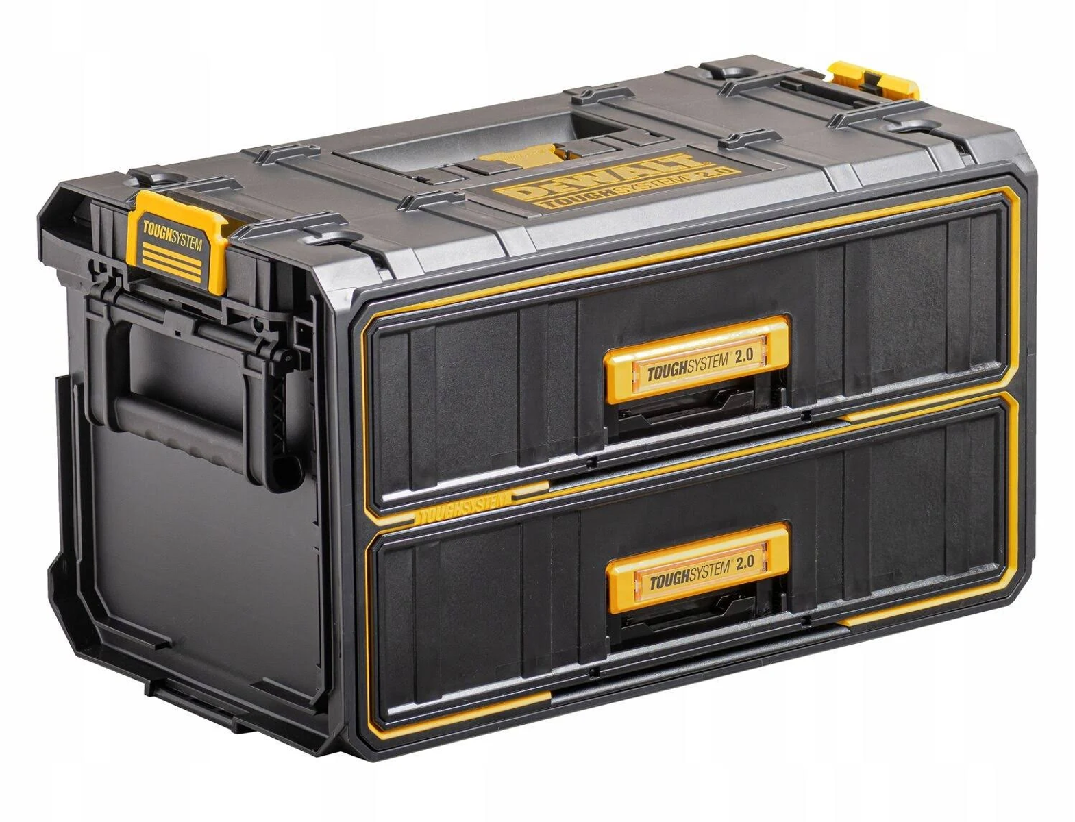 Cassetta degli attrezzi DeWalt Tough System nera e grigia con cassetti, dettagli gialli, sfondo bianco.