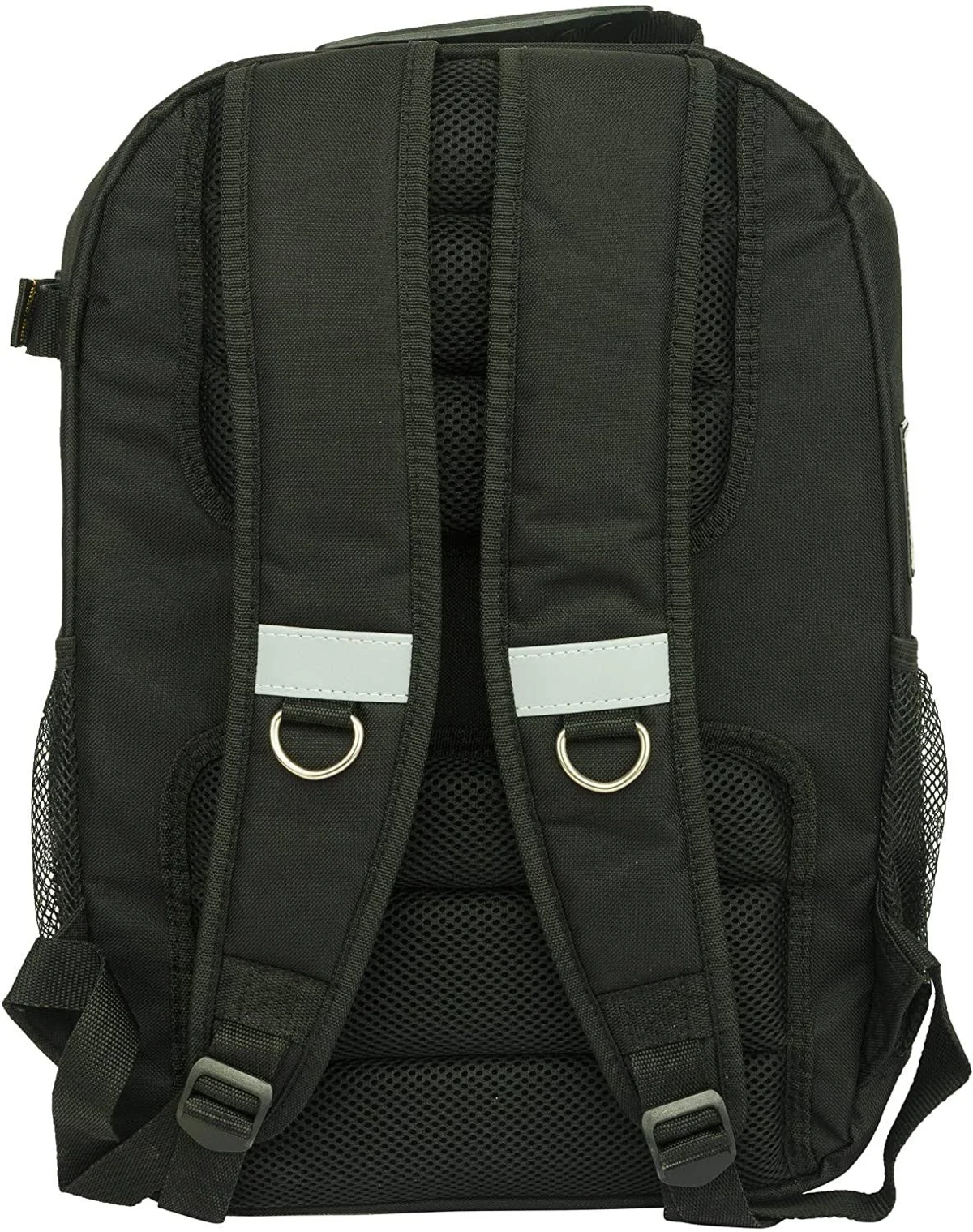 Zaino nero, vista posteriore. Cinghie, strisce riflettenti e tasche laterali in rete visibili.