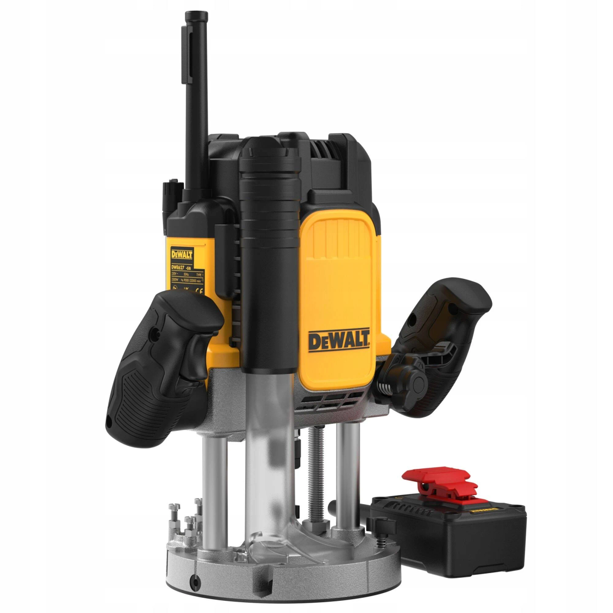 Ein gelbes und schwarzes DeWalt Fräswerkzeug mit rotem Akku. Es hat Griffe und steht auf einem Ständer.