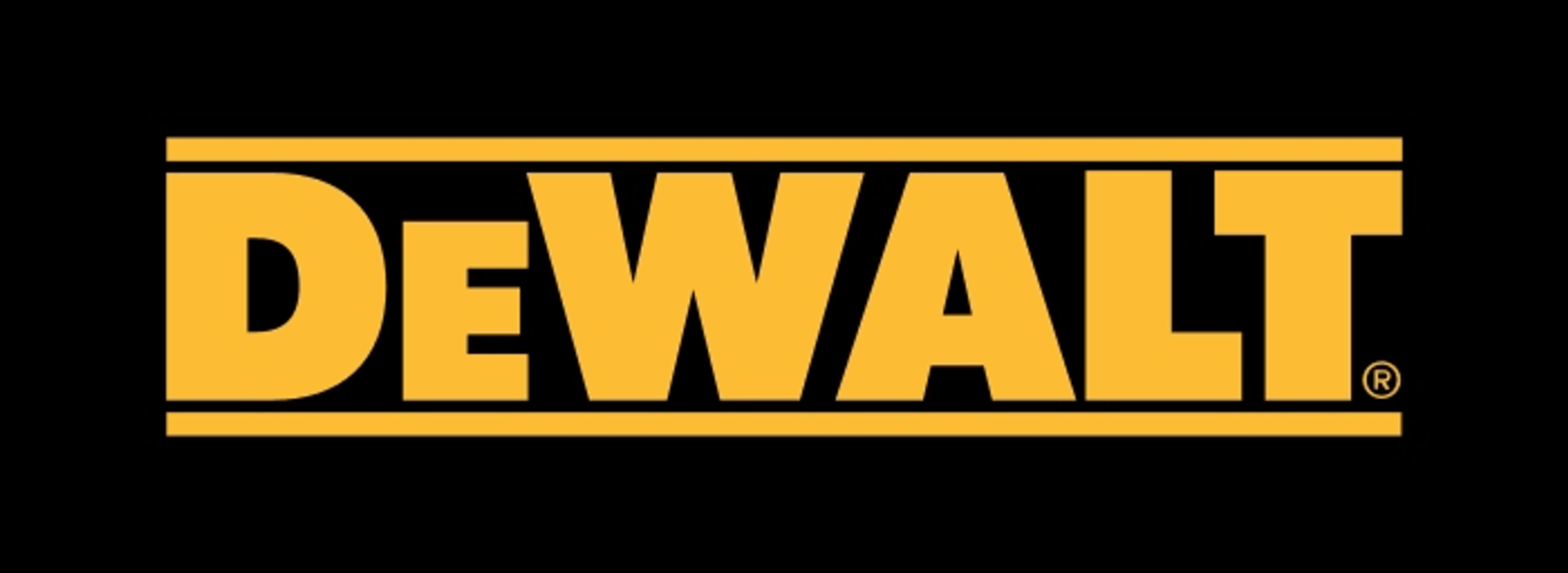 Gelbes und schwarzes DEWALT-Logo auf schwarzem Hintergrund.