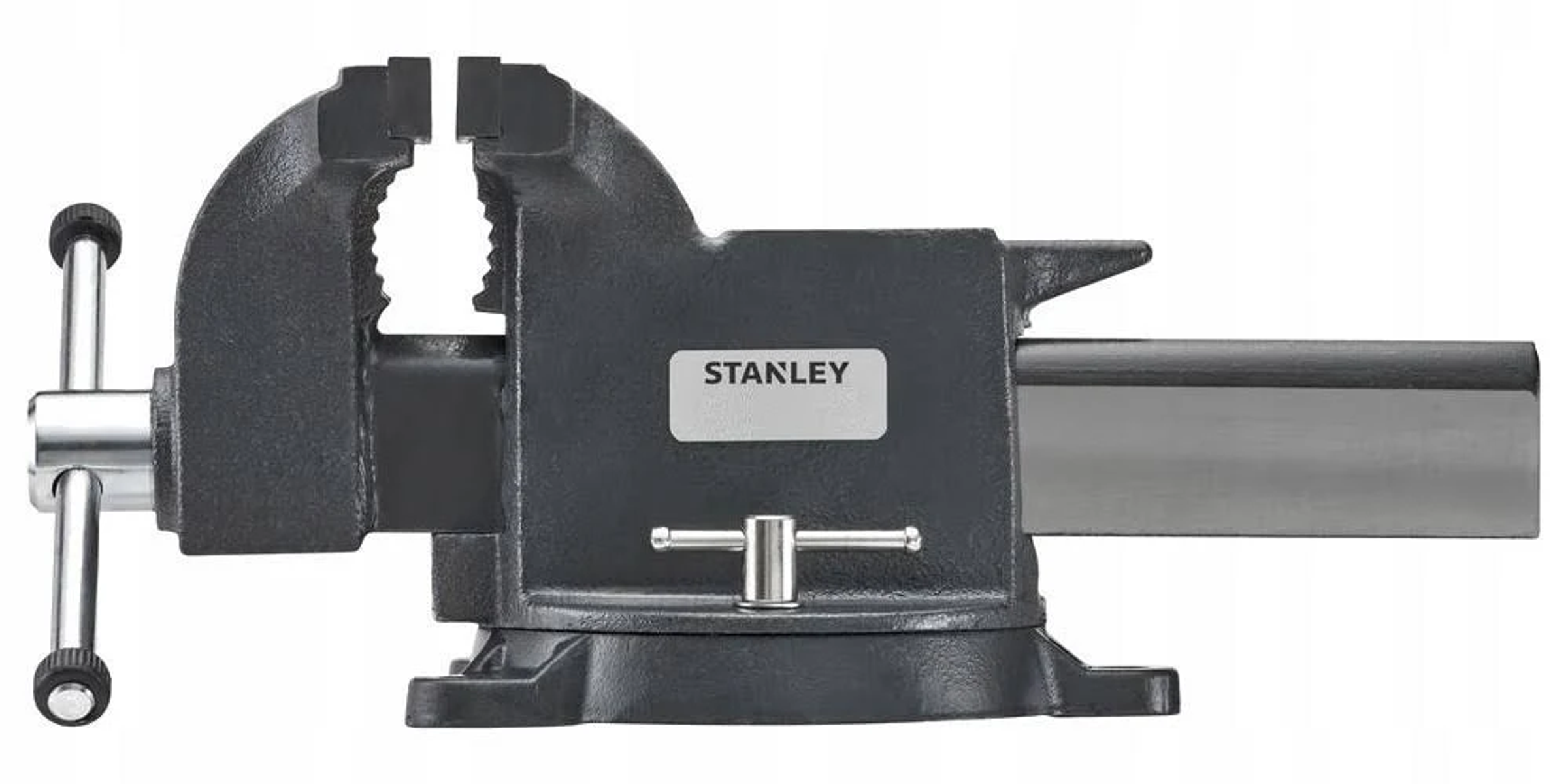 Tornillo de banco Stanley negro sobre fondo blanco, mostrando sus características.