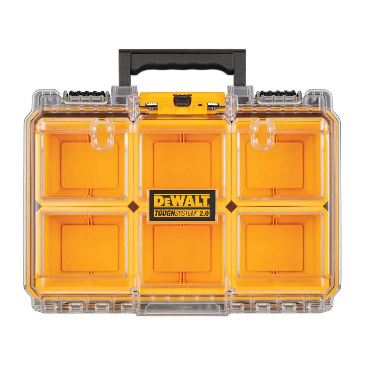 Una cassetta degli attrezzi gialla Dewalt ToughSystem 2.0 con scomparti trasparenti divisi.