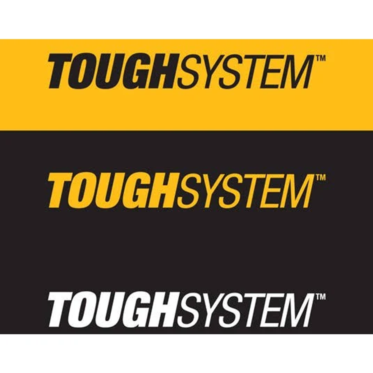 Tre loghi "TOUGH SYSTEM" neri e gialli su sfondo bianco.