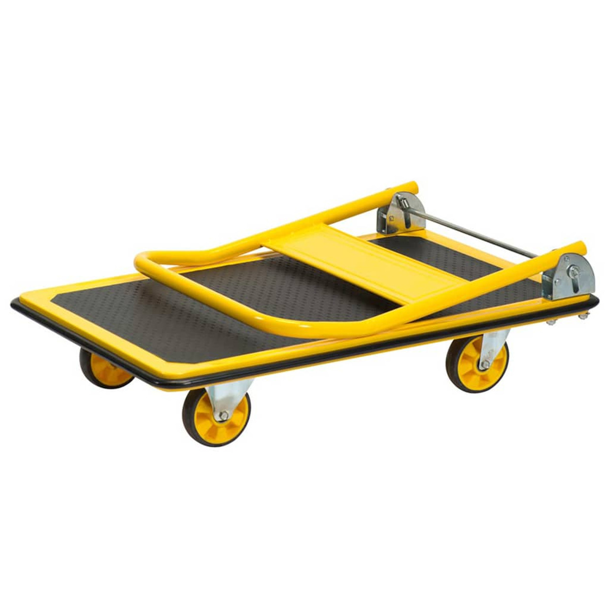 A yellow and black folding utility cart with four wheels.