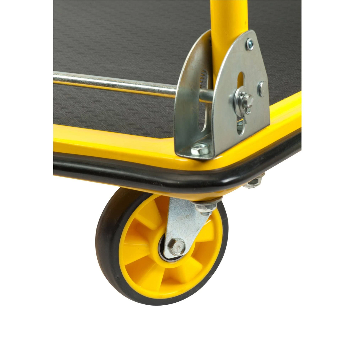 Yellow hand truck wheel close-up. Metal support, black deck, yellow wheel and rim, white background.