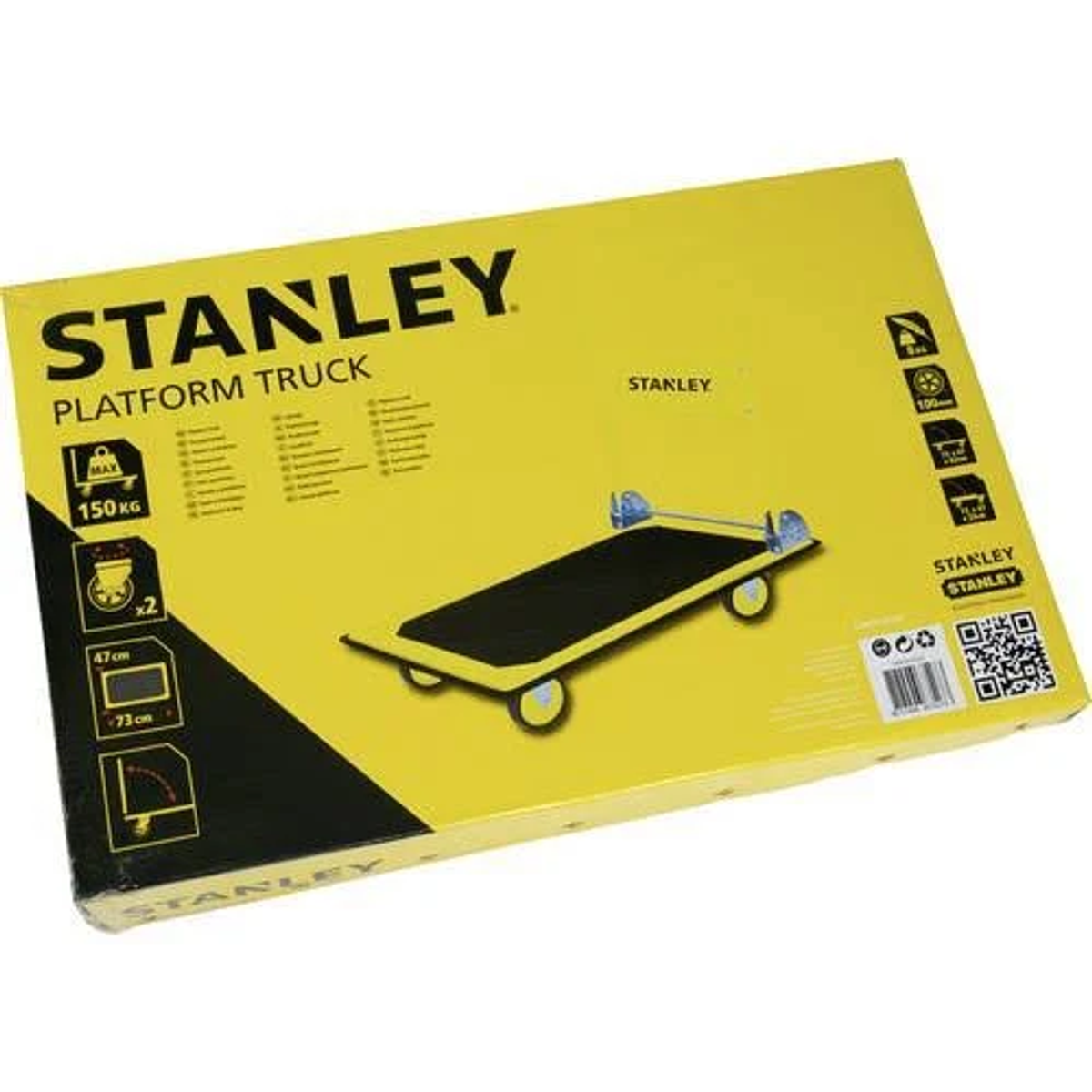 Yellow Stanley platform truck box. Black and yellow truck image on the box. Max load 150 kg.