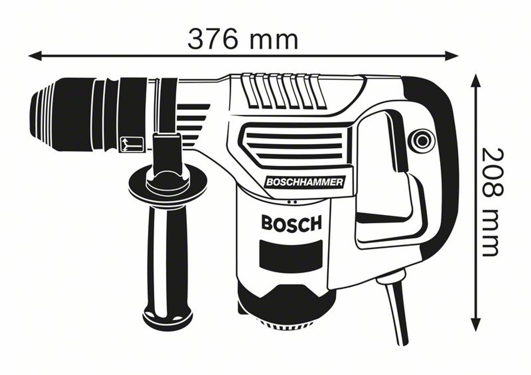 Un dibujo lineal de un martillo perforador Bosch con dimensiones, en blanco y negro.