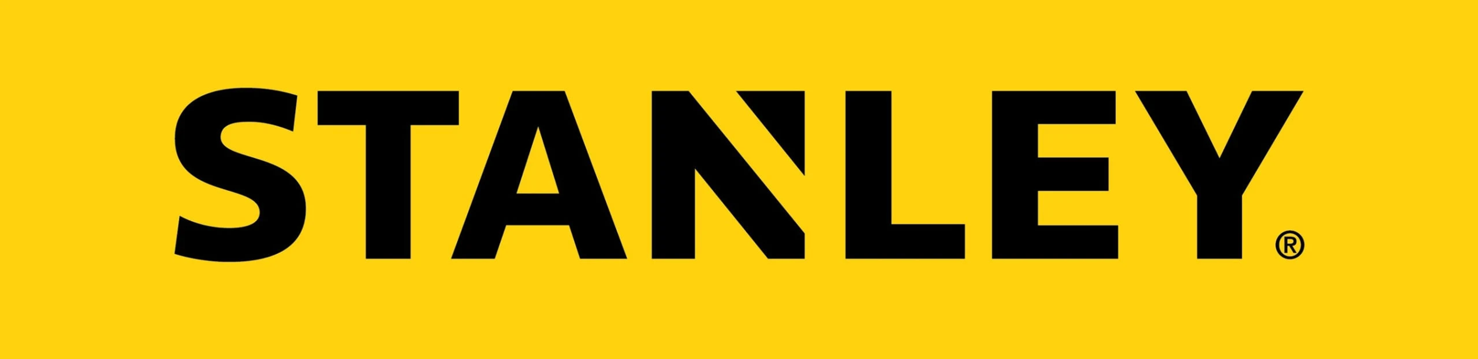El logotipo de Stanley se muestra en letras negras sobre un fondo amarillo.