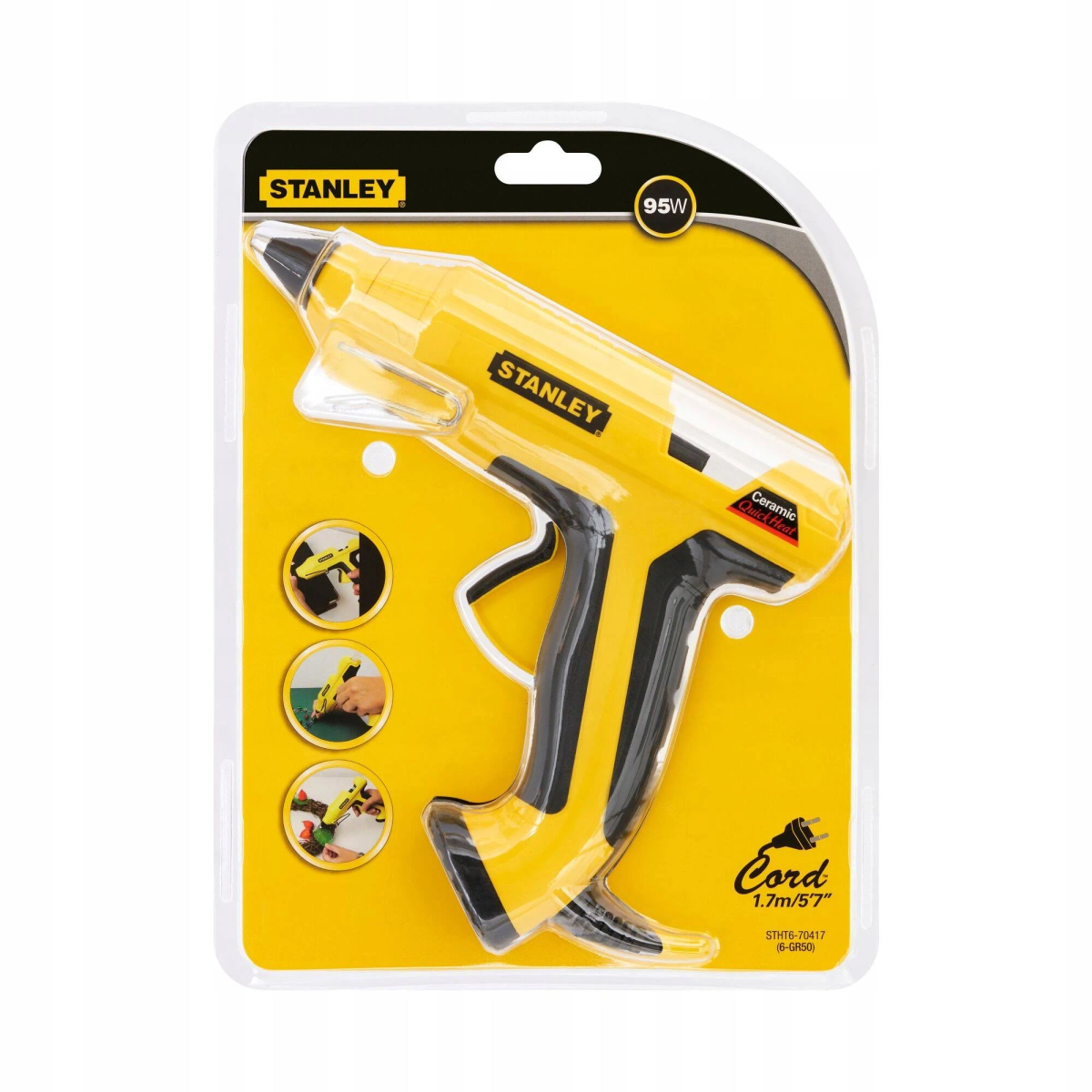 Pistola de pegamento Stanley en paquete, amarillo y negro, con detalles del producto en fondo blanco.