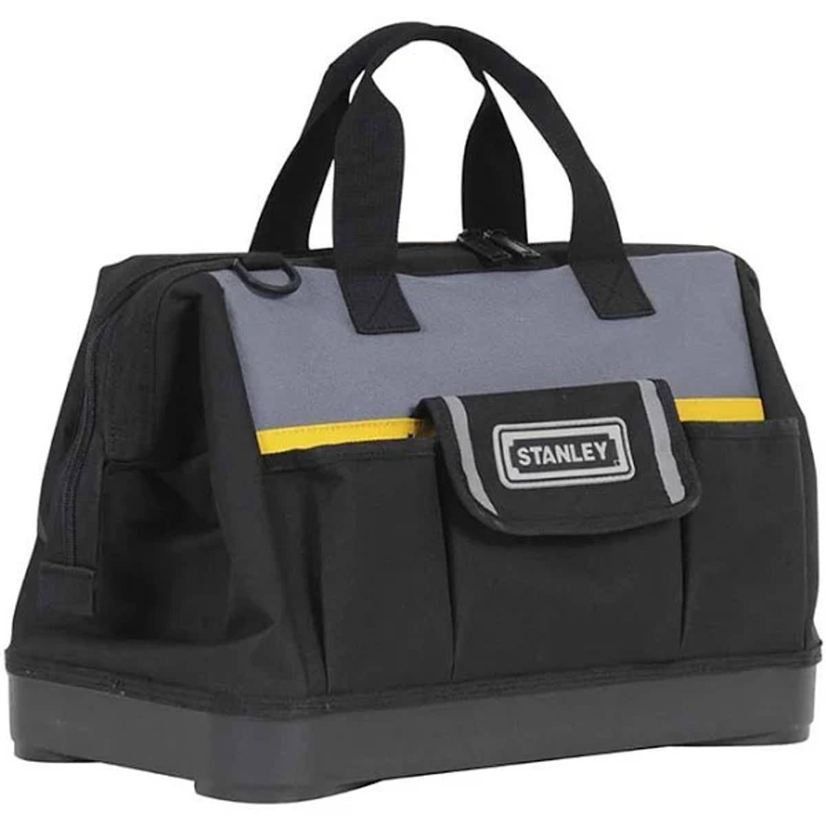 Una borsa porta attrezzi Stanley nera e grigia con una striscia gialla e un manico, appoggiata su una superficie.