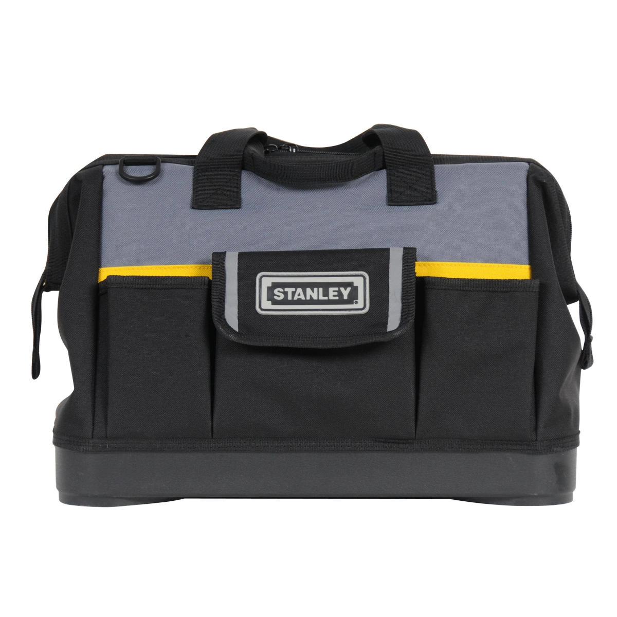 Una borsa porta attrezzi Stanley nera e grigia con dettagli gialli e logo Stanley.