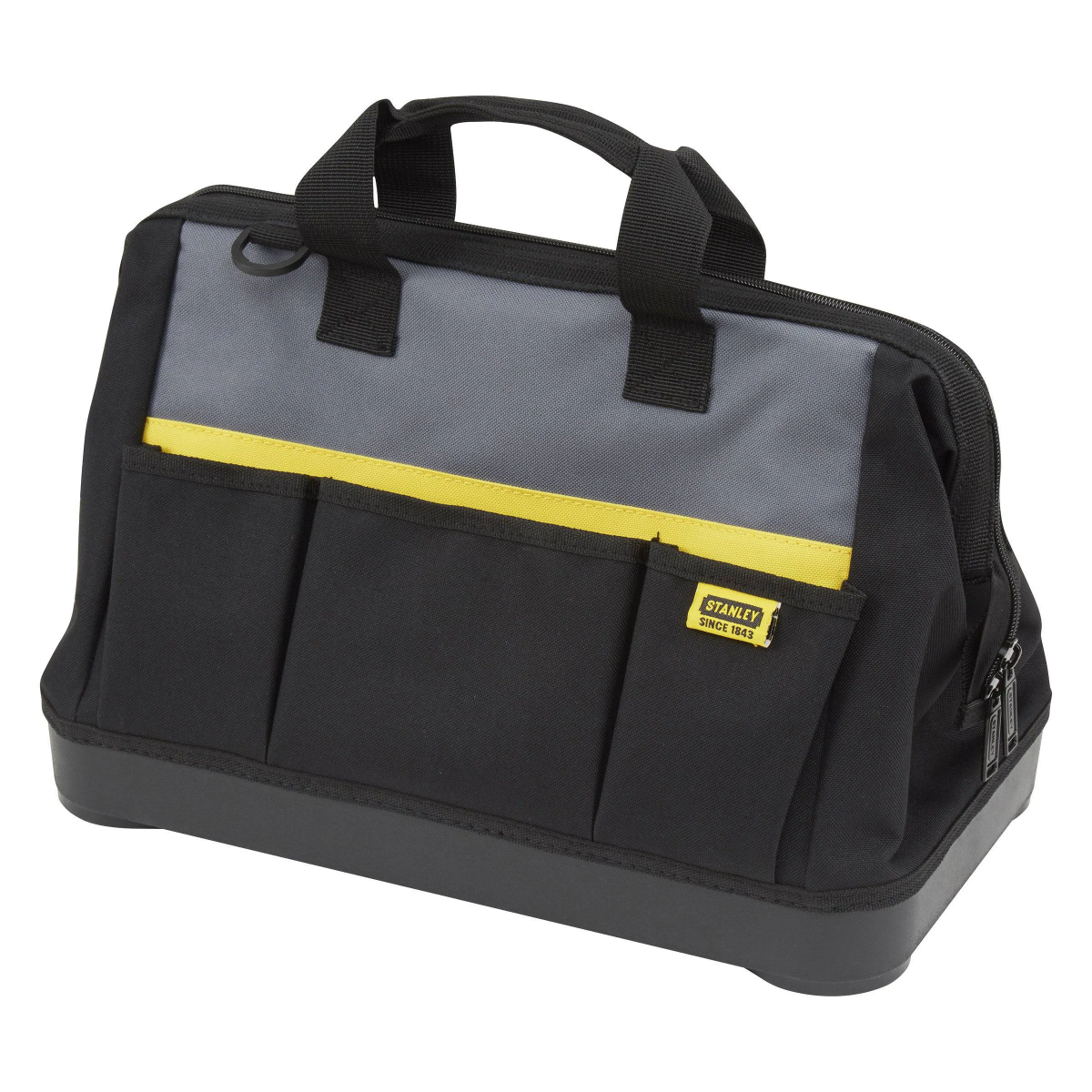 Una borsa porta attrezzi nera e grigia con dettagli gialli, con diverse tasche e un manico.